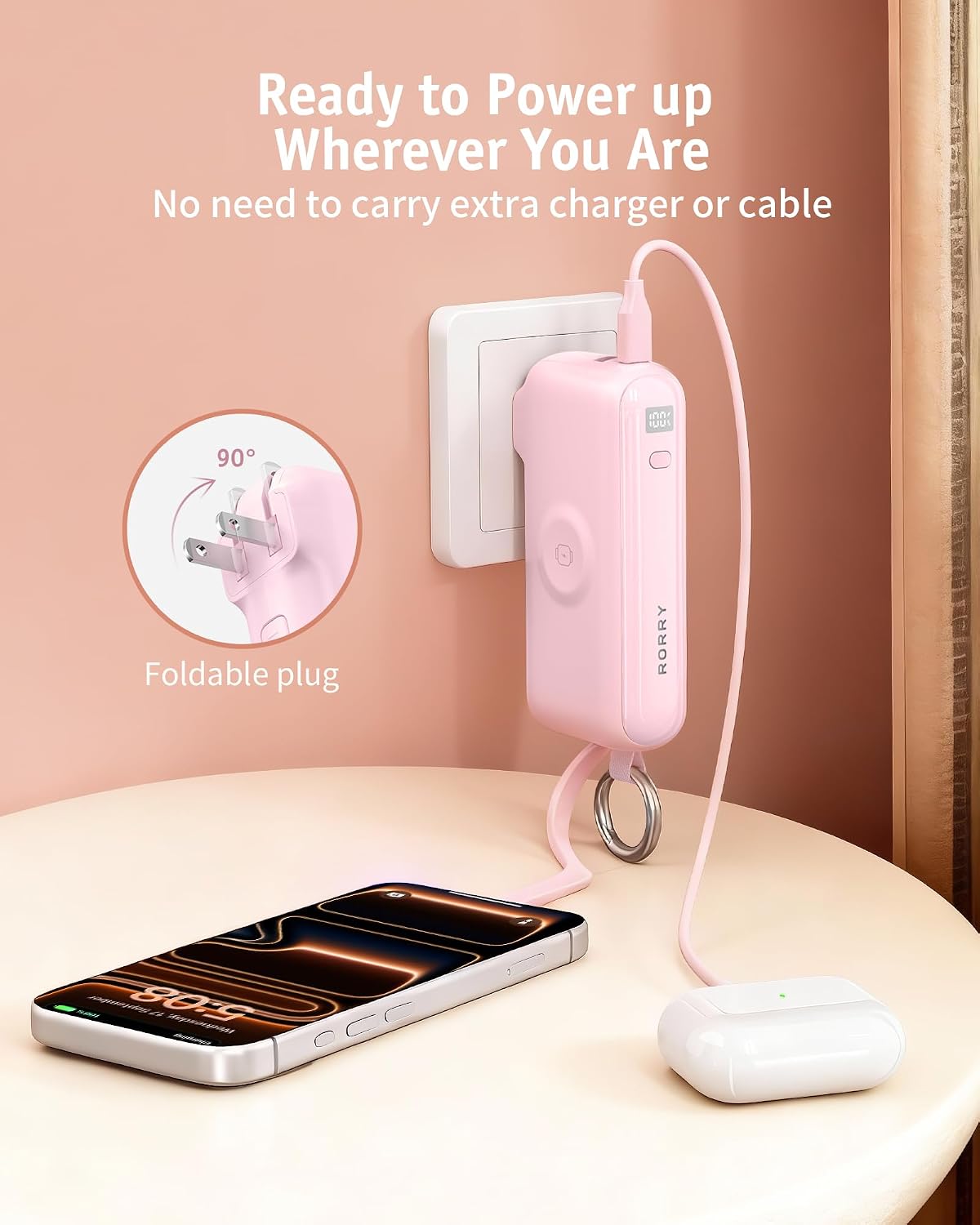 RORRY Flow Portable Charger 10000mAh 40W Wall Plug Power Bank Battery Pack | Built-in USB-C Cable, Keychain Design, Fast Charging, for iPhone 17/16/15, Apple Watch, iPad, 3-in-1, Travel Essential