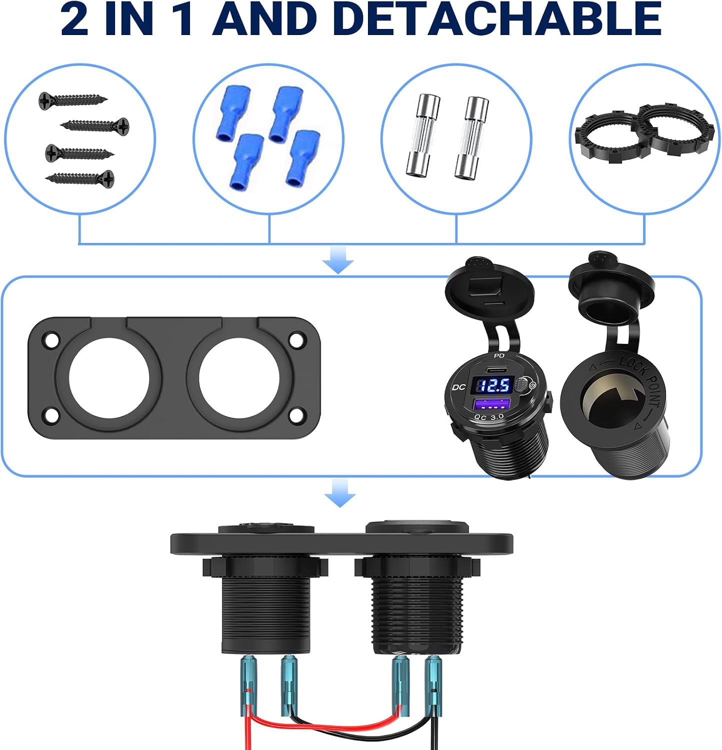 Cigarette Lighter Socket 12 Volt USB Outlet: PD 20W C and QC3.0 Car Port Aluminum Metal 12V Plug, 150W Charger Panel with Power Switch LED Voltmeter for Marine Boat RV Golf Cart