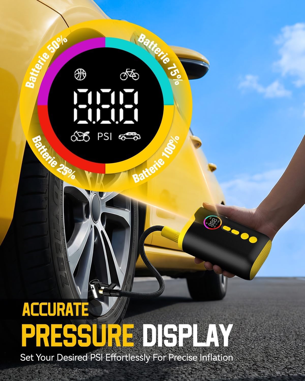 Neverland Tire Inflator Portable Air Compressor - 150 PSI Electric Air Pump for Car Tires with Auto Shutoff Function, Cordless Tire Air Pump for Bicycle, Motorcycle with Gauge