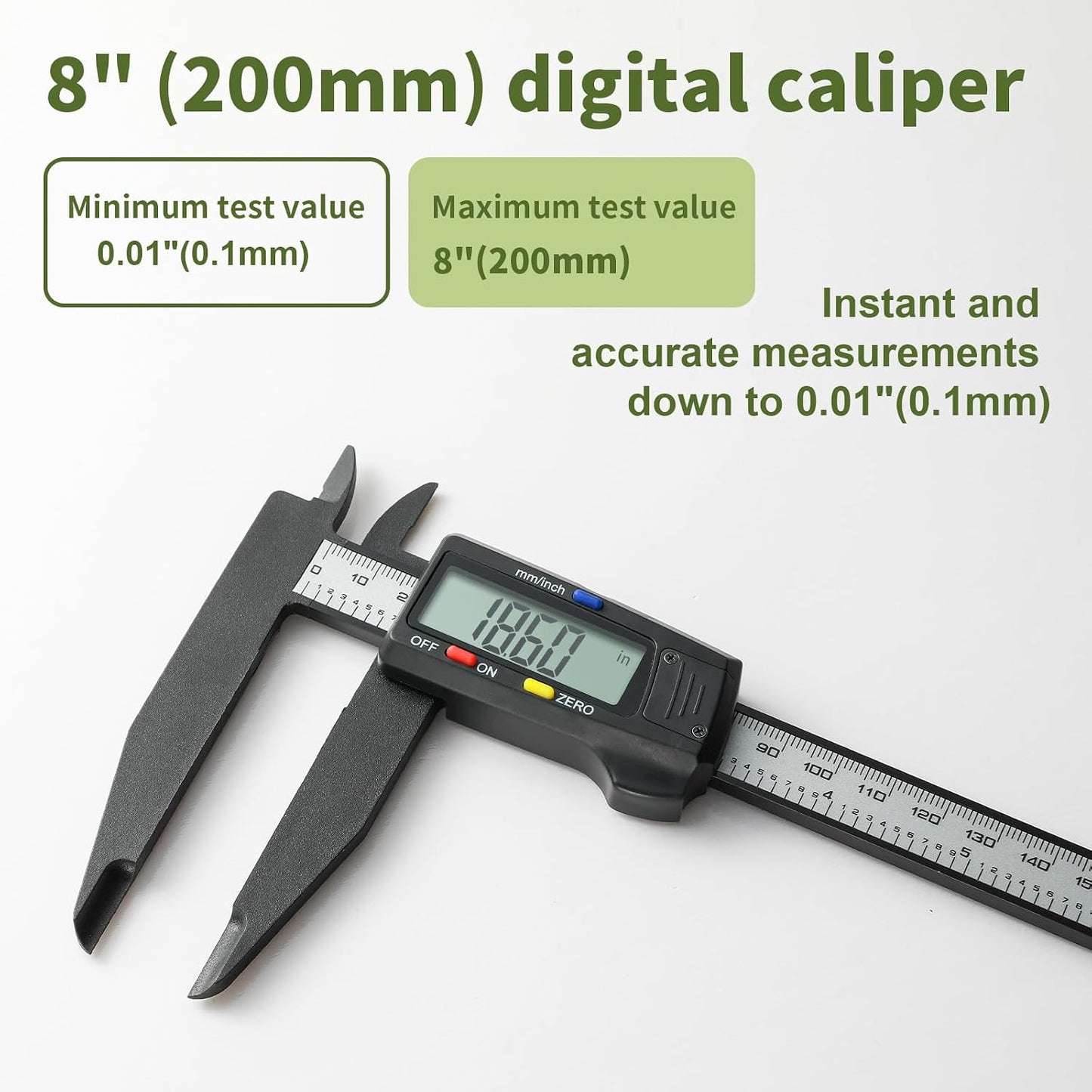 Digital Caliper 0-8" Measuring Tool, Micrometer Caliper with Auto-Off Feature, Interchangeable Between inches and millimeters for Jewelry Measurement and 3D Printing