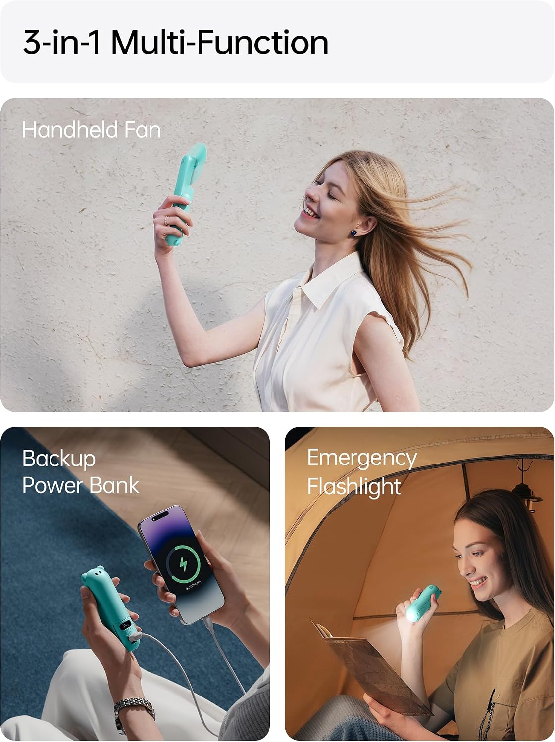 JISULIFE Portable Handheld Fan, 3 In 1-Fan, Power Bank, Flashlight, Cyan | Mini Cooling Essential for Outdoor, Small, On-the-Go Pocket Hand Design, 24 Hours, Auto Shut-Off Safety Soft Blade