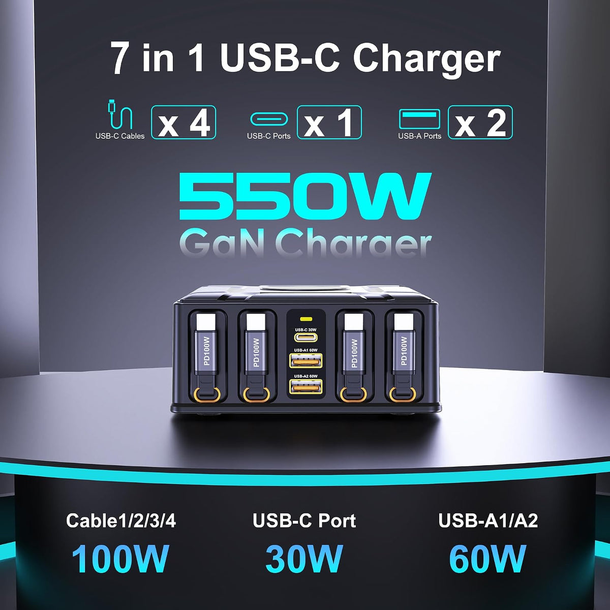 550W Retractable Charger for USB C GaN Multiple Devices