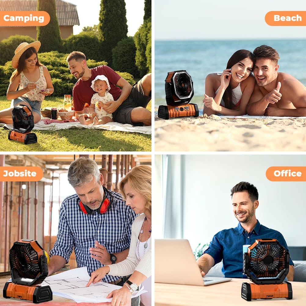 Camping Fan - 20000mAh Battery Powered Fan Rechargeable with LED Lantern - Portable Outdoor Tent Fans with Hanging Hook 4 Speeds Wind Remote Control, Black and Orange
