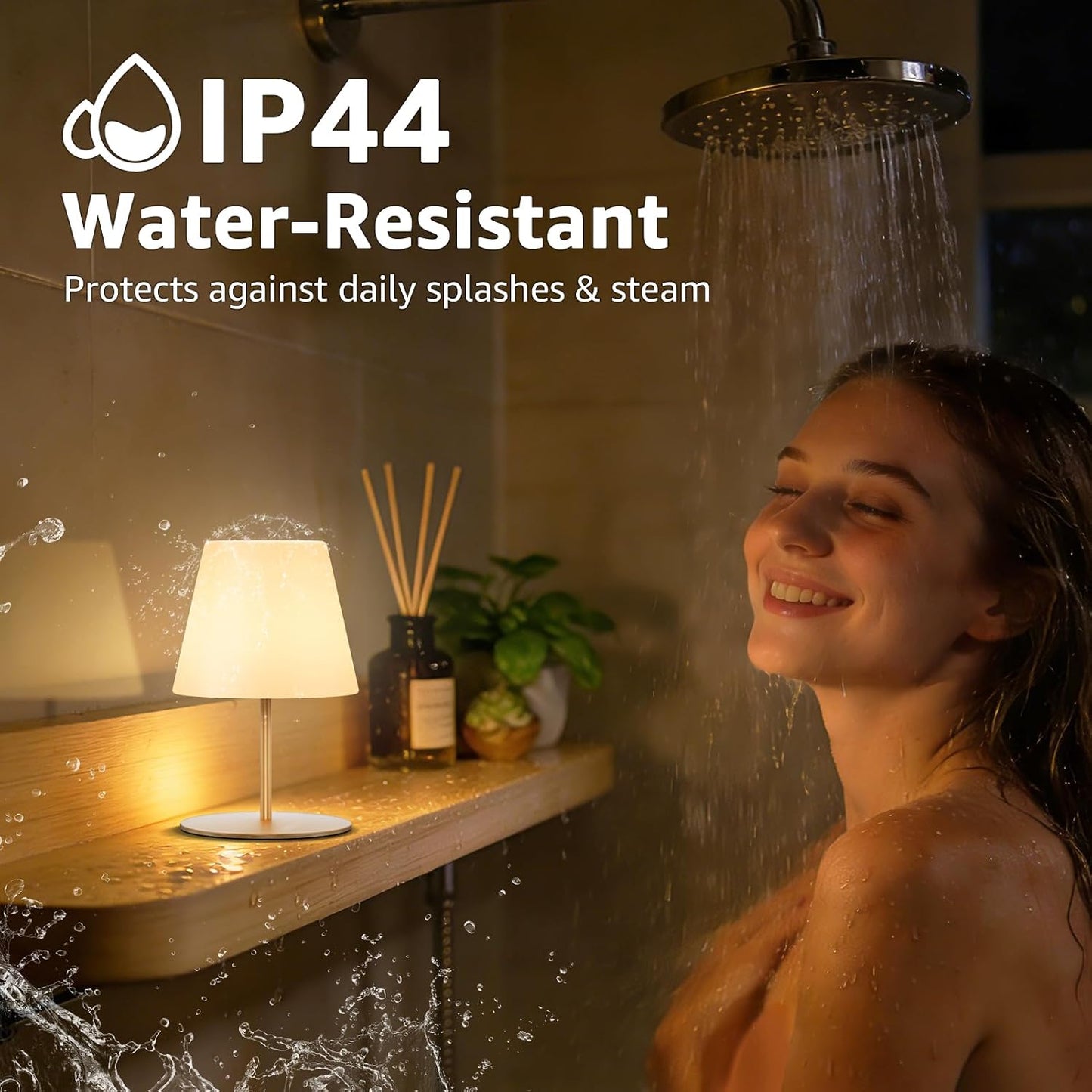 uuffoo 2 Pcs Mini Touch Shower Lamps Waterproof with 2-Step Warm White | Soft Light for Eye Care, Cordless Recharge lamp, RGB, IP44, Dual Plug USB Charging Cable, Color Temperature Memory(Gold)