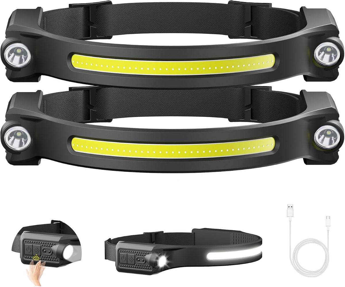 LED Headlamp Rechargeable 2 Pack, Motion Sensor Head Light | Memory, Hands Free, 260° Wide Beam, 500 Lumens 300ft Range, Waterproof USB-C Rechargeable Head Lamp for Camping and Work