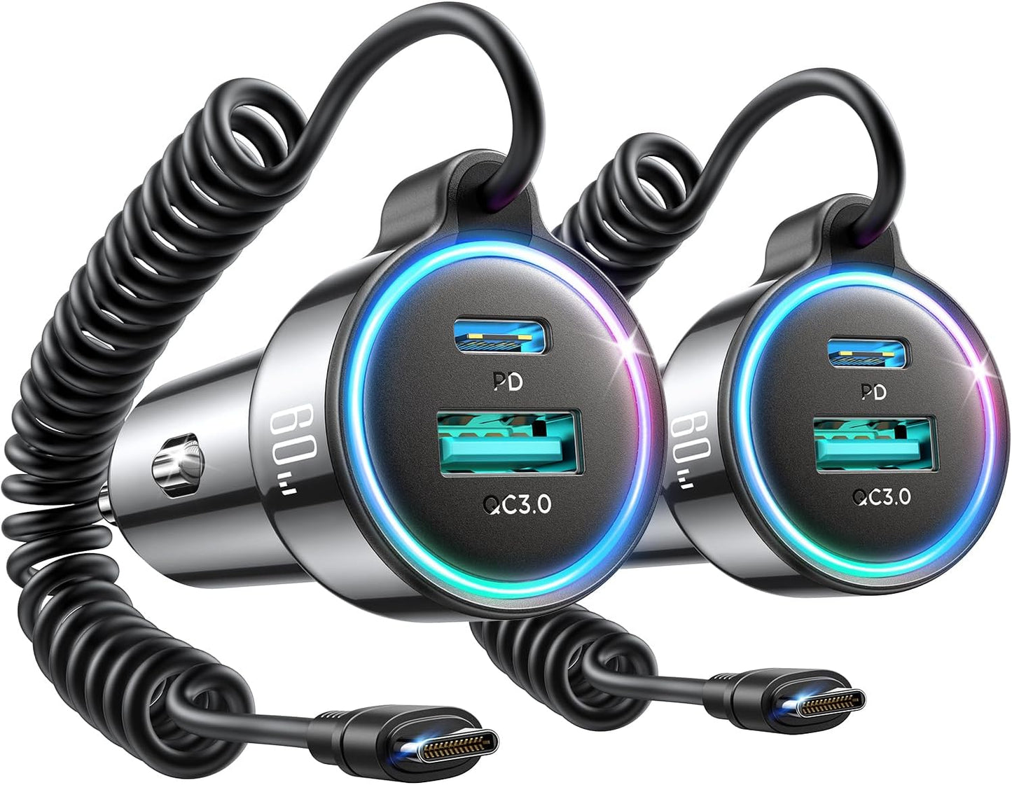 FLYLEADV 90W Car Charger USB C Fast Charge, PD45W for iPhone 17/16 Pro Max | 3-Port PD&QC3.0, 5ft Type C Coiled Cable, Super Fast Cigarette Lighter Adapter for Samsung S26/S25/S24, Pixel Android, iPad