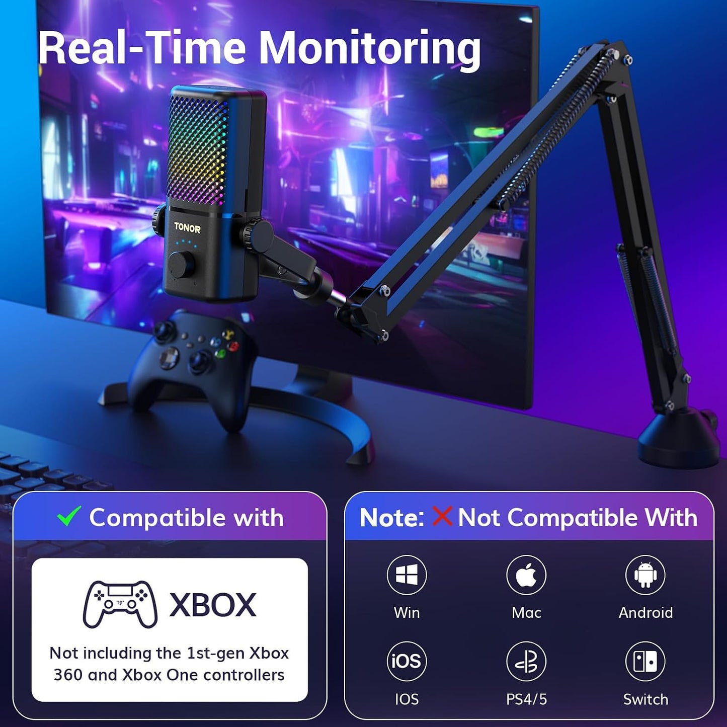 TONOR Gaming Mic Compatible with Xbox, RGB Streaming Boom Mic with 30H Battery Life, Low Noise, Monitoring, Gain Control, One Tap Mute, Fast Charging, Compatible with Capture Card TCX3+ Black