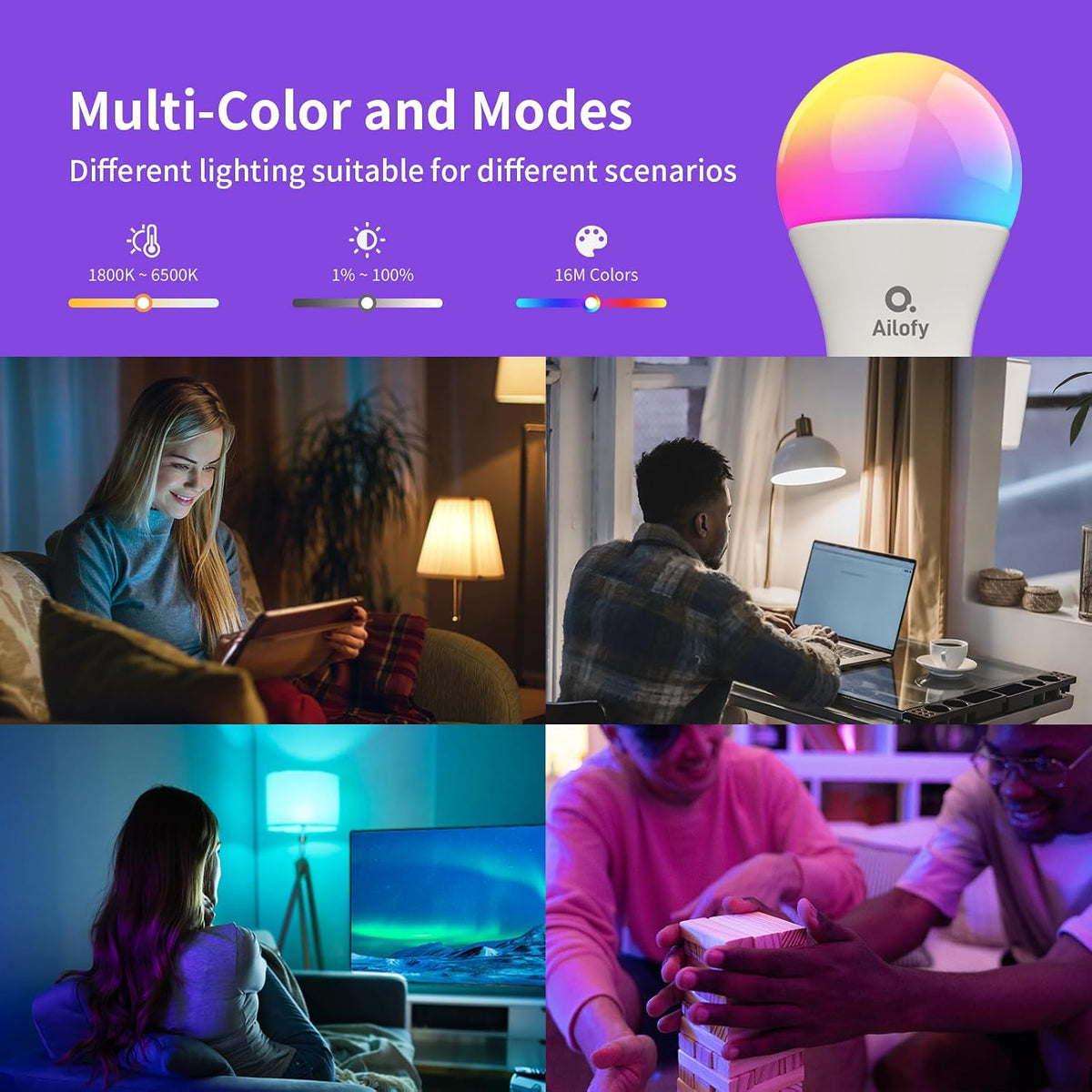 Ailofy LED Light Bulbs, Smart Light Bulbs that Compatible with Alexa & Google Assistant, Color Changing Light Bulb, WiFi Light Bulbs, A19 E26, 9W 800LM, 1800K-6500K Tunable White, 2 Pack