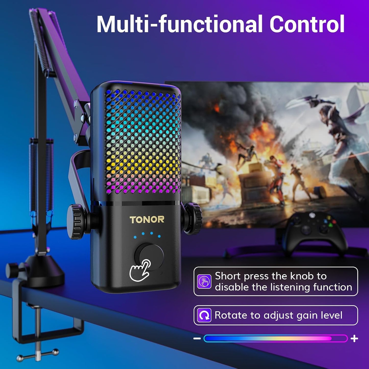 TONOR Gaming Mic Compatible with Xbox, RGB Streaming Boom Mic with 30H Battery Life, Low Noise, Monitoring, Gain Control, One Tap Mute, Fast Charging, Compatible with Capture Card TCX3+ Black