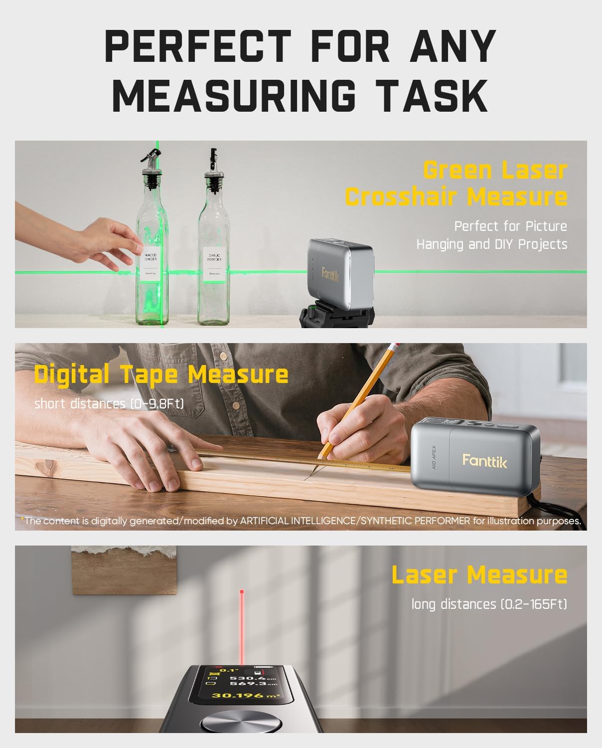 Fanttik A10 Apex 3-in-1 Digital Laser Tape Measure with Cross Line Laser | 165Ft Rechargeable Laser Measurement & 32Ft Green Cross Line Laser & 9.8Ft Tape, 6 Units, for Distance/Area/Volume/Leveling