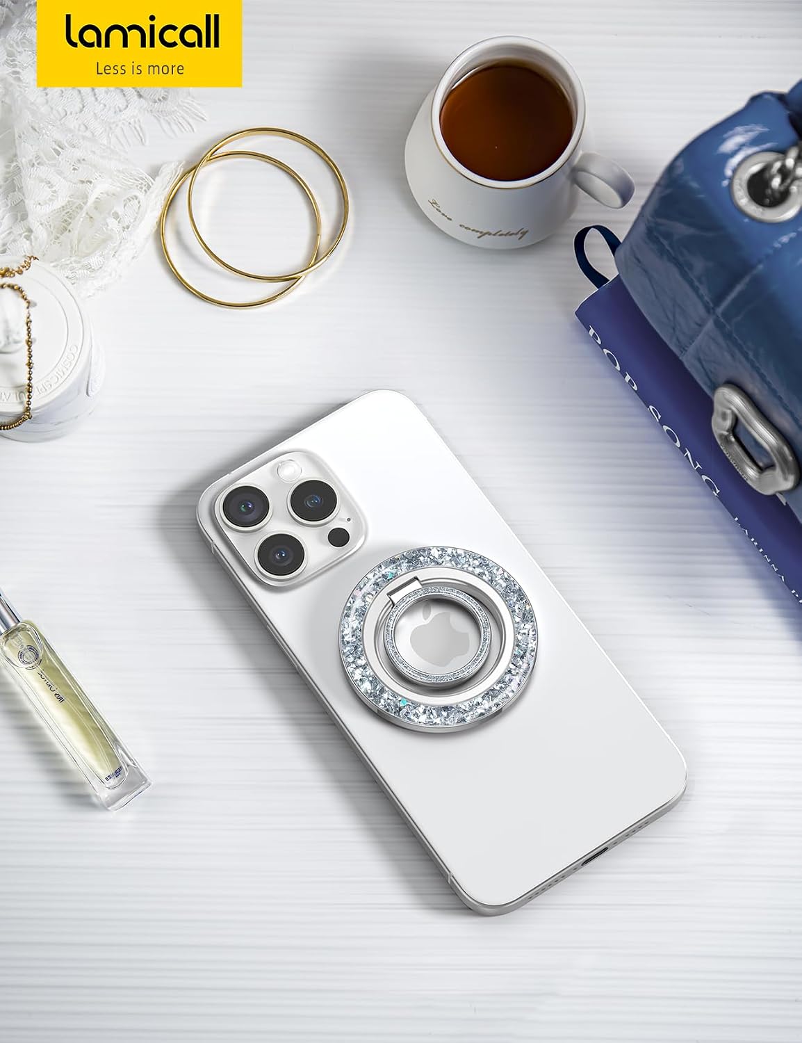 Lamicall Magnetic Phone Ring for MagSafe, Super Magnet Glitter Silver Grip | 360° Rotating Durable Gear Hinge, Stylish Ring Stand for iPhone 17 16 15 Pro Max Air, Mag Safe Decor Accessories for Mother