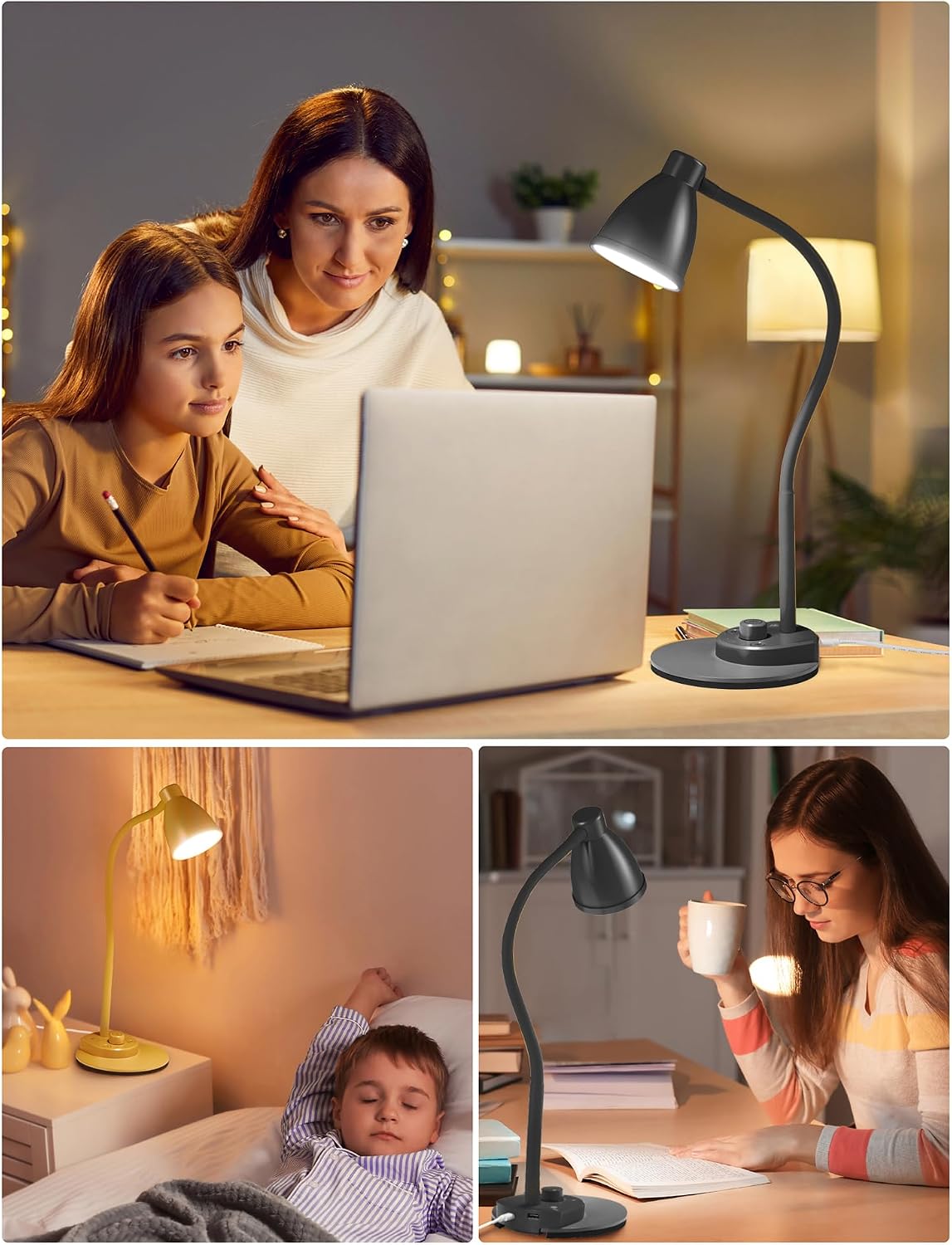 BOHON LED Desk Lamp with USB Charging Port 3 Color Modes Dimmable, Black | Reading Light Intelligent Induction Auto Dimming Task Lamp Neck Flexible Table Lamp for Bedside Office, AC Adapter Include