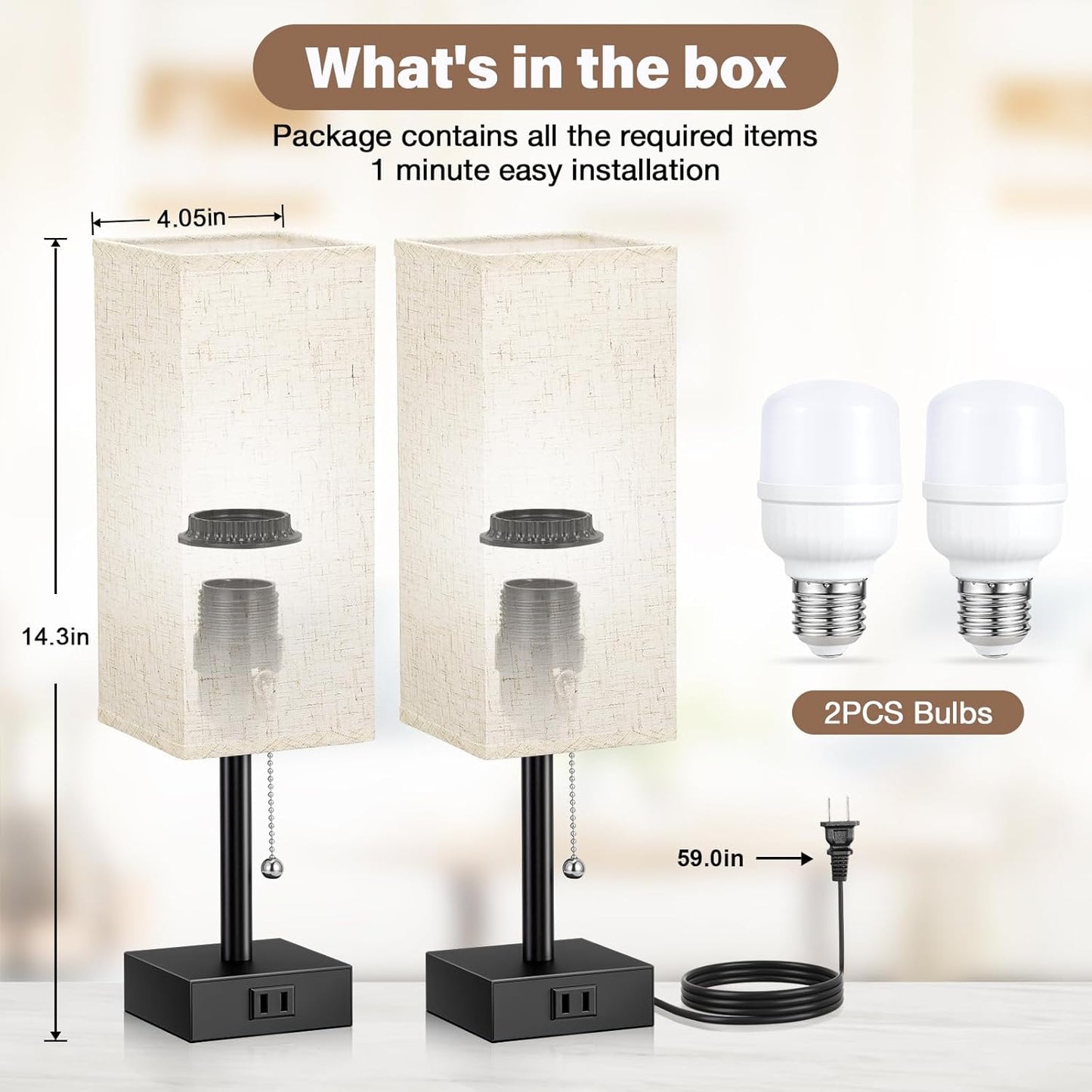 Bedside Lamp for Bedroom Set of 2 - Small Table Lamp for Nightstand | AC Outlet, 3 Color Temperatures, LED Bulb Included, Pull Chain Design, 14" Rectangular Desk Lamp for Dorm/Office, 2-Pack