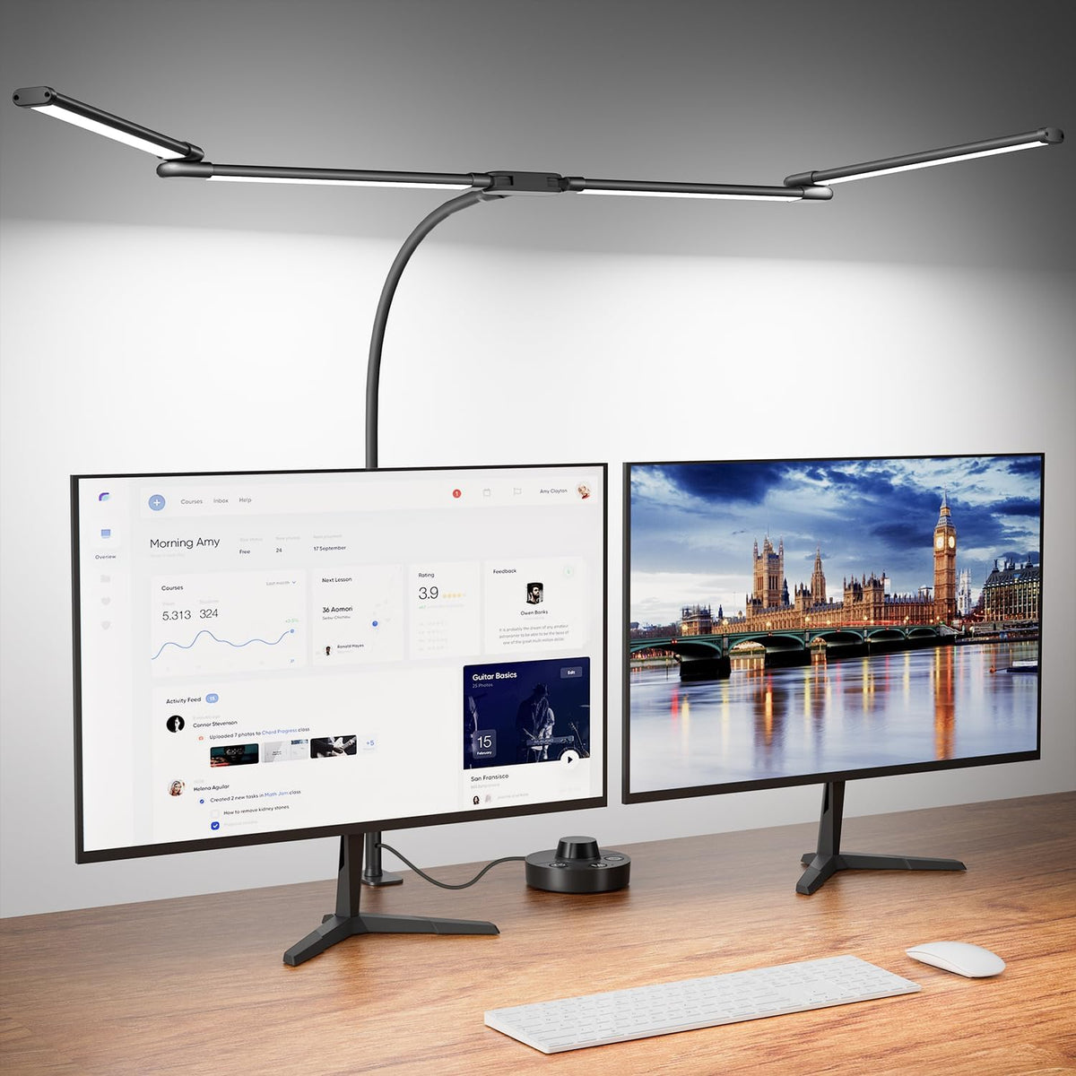 Desk Lamp Clamp Light 24W, Ultra Wide 4 Head Bars, 5 Color Modes Dimming, Multi-Screen Setup for Office, Architect, Black, Aluminum, Adapter Included