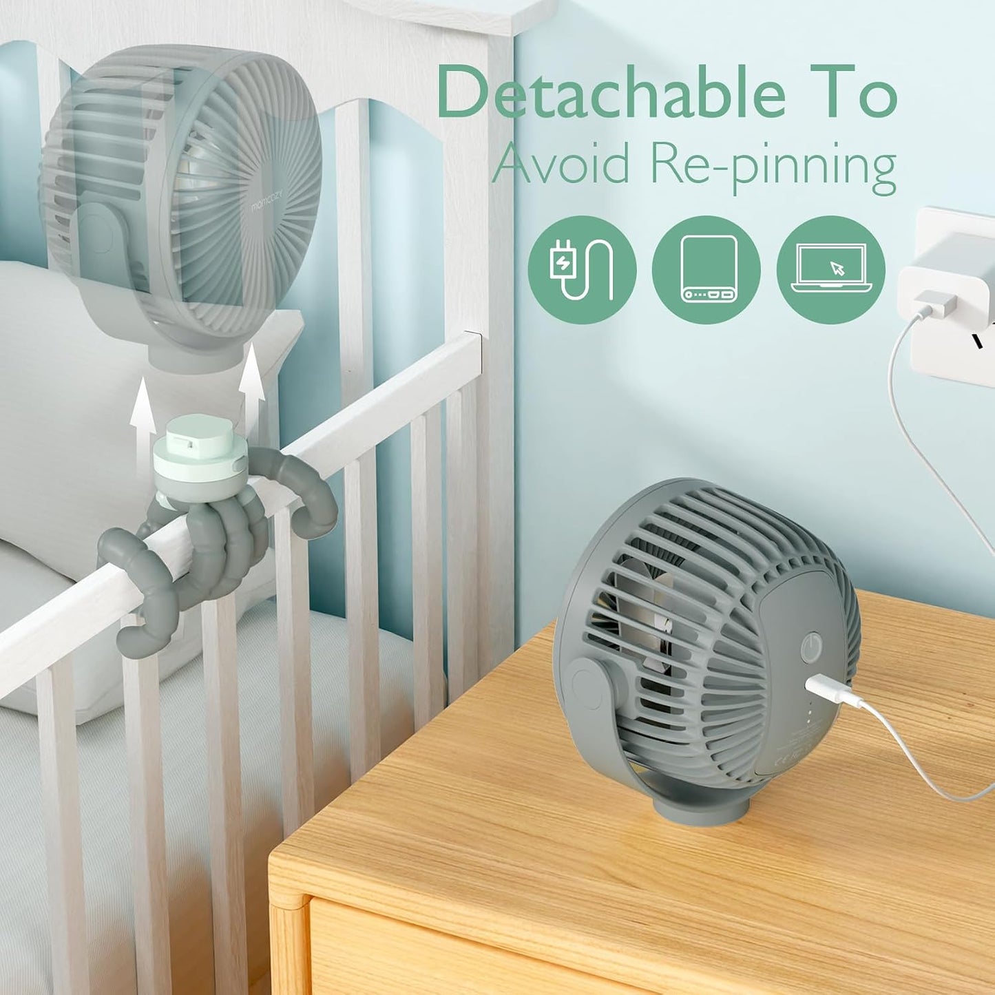 Momcozy 8000mAh Portable Stroller Fan, 27H Ultra-long Battery Life | Detachable 4 Speed 360°Rotate LED Night Light with 2 Modes, USB Rechargeable Handheld Cooling Fan for Travel/Car Seat/Bedroom