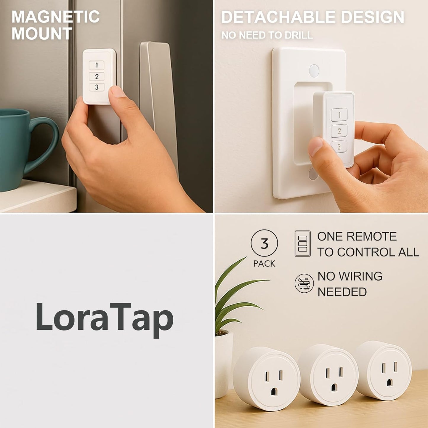 LoraTap 656ft Wireless Wall-Switch: Remote Control Outlet 3 Pack — Lights & Small Appliances — No Wiring —1 Remote for 3 Plugs