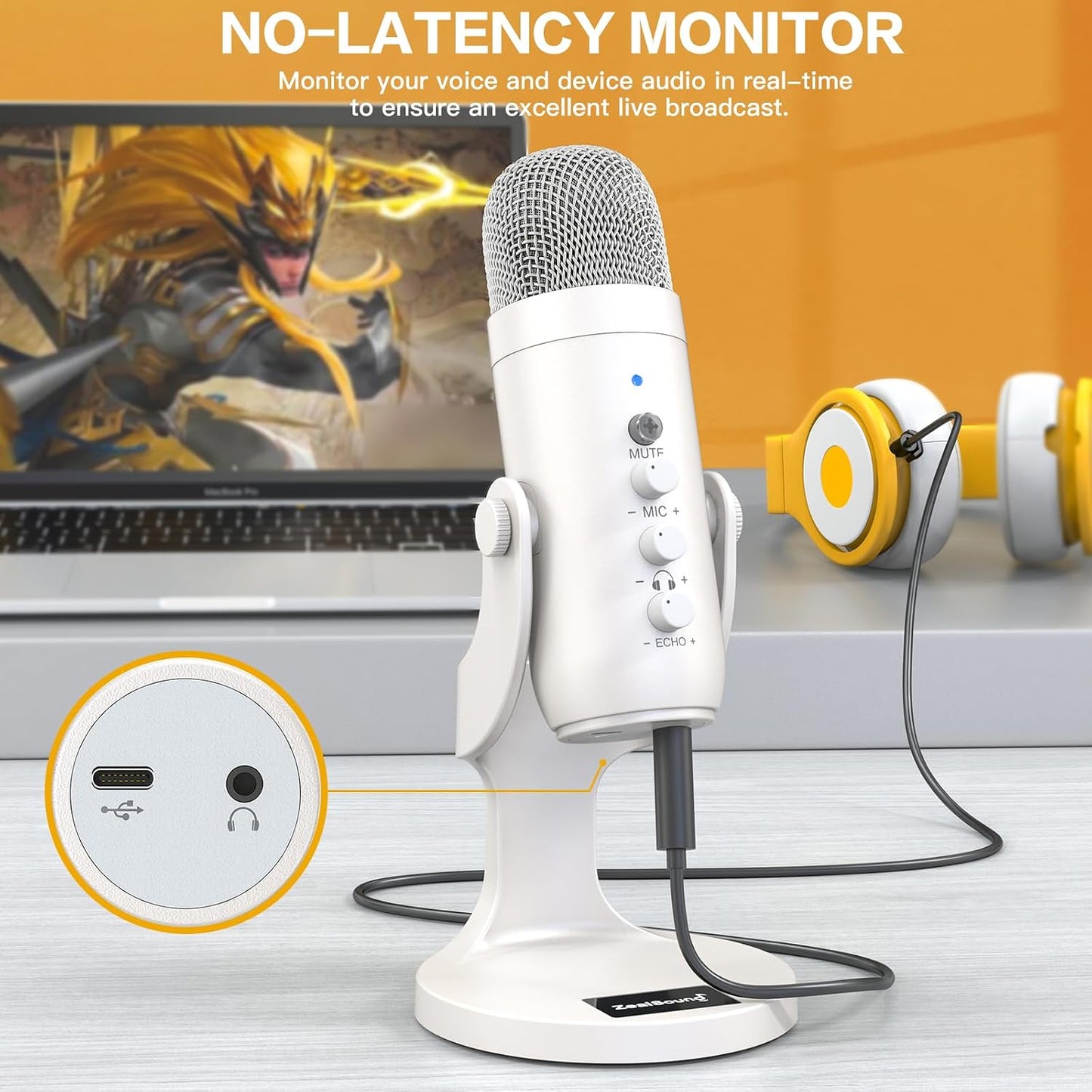 ZealSound Podcast Microphone for iPhone PC & Android, Noise Cancellation Mic with Gain Knob, Volume Adjustment & Mute Button, Monitor & Echo, for ASMR Podcasting Recording YouTube & TikTok - K66 White