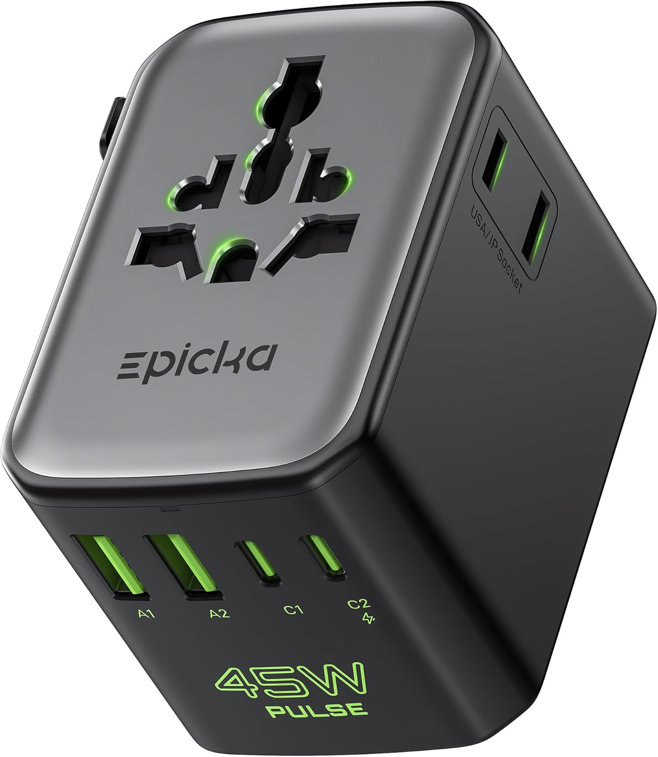 Epicka Pulse Duo 140W Universal Travel Adapter PD 3.1, 2AC/2USB-C/2USB-A | International Power Adapter with Smart Display, 3.28ft Cable, PPS Fast Charging for MacBook/iPhone