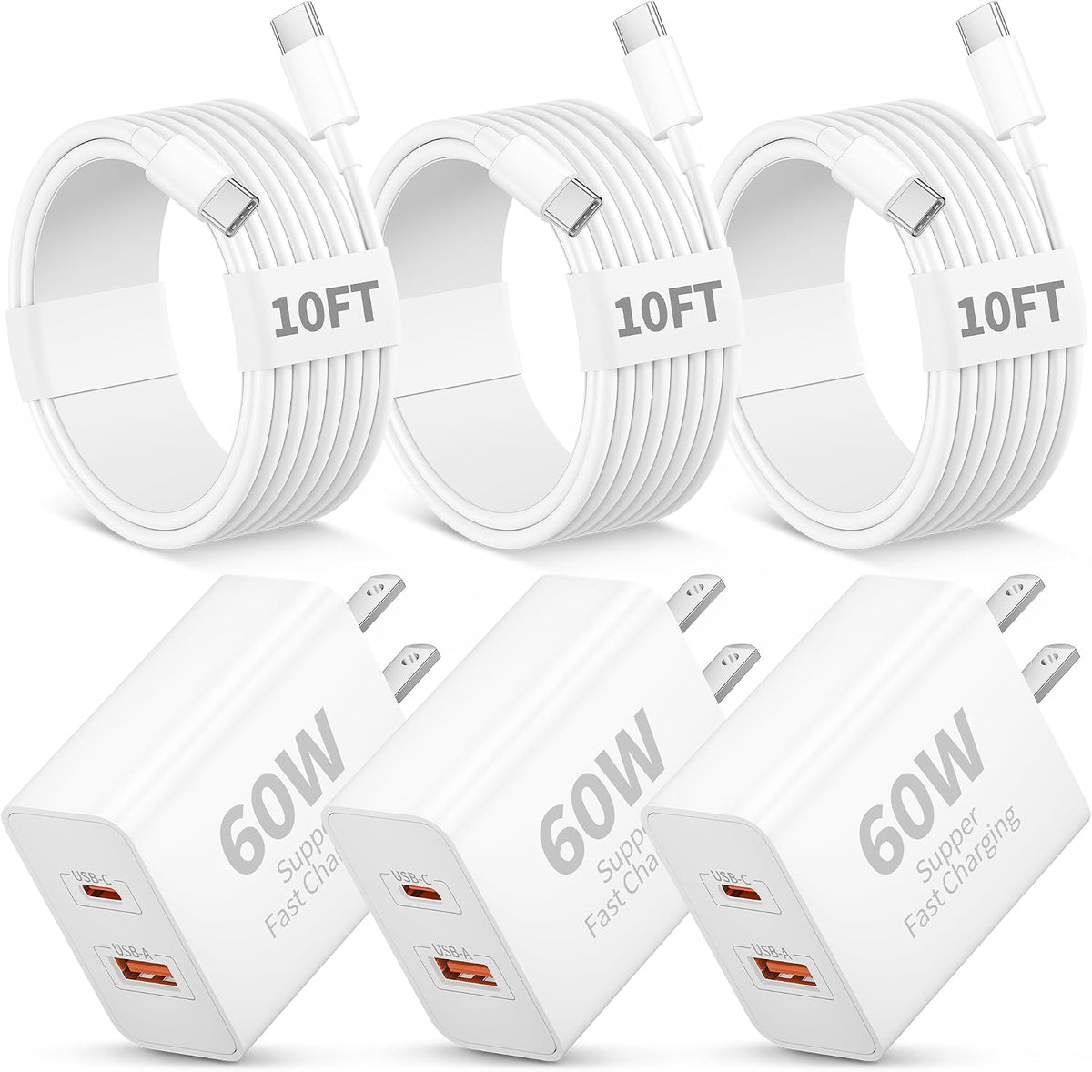 iPhone 17 16 15 Charger Fast Charging, 3 Pack 60W USB C Super Fast Charger | PD/QC Dual Port GaN Type C Charging Block, with 10FT Long USB-C Cable Cord, for iPhone 17 Pro Max/17/Air/16/15/Pro Max, iPad