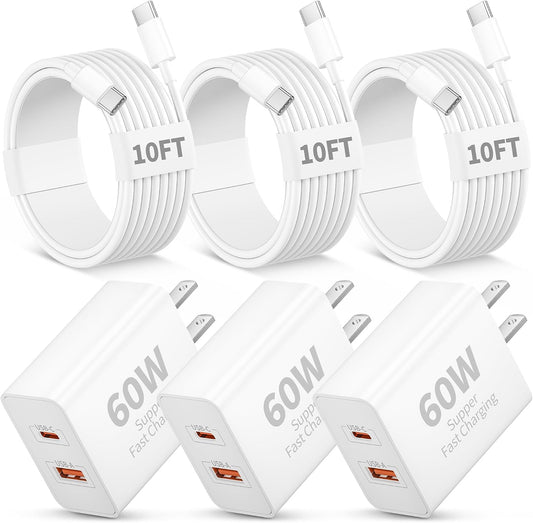 iPhone 17 16 15 Charger Fast Charging, 3 Pack 60W USB C Super Fast Charger | PD/QC Dual Port GaN Type C Charging Block, with 10FT Long USB-C Cable Cord, for iPhone 17 Pro Max/17/Air/16/15/Pro Max, iPad