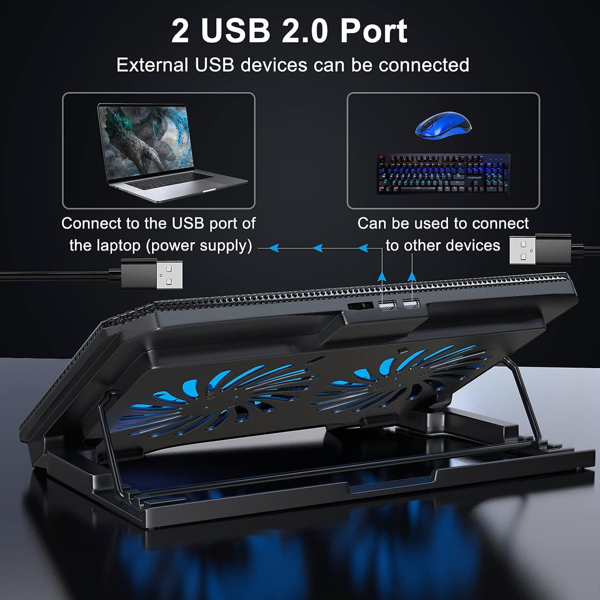 LIENS Laptop Cooling Pad with Adjustable Height Two 5.1 Inches Fan 2 USB Ports Suitable for 12"-15.6" Laptops（Black）