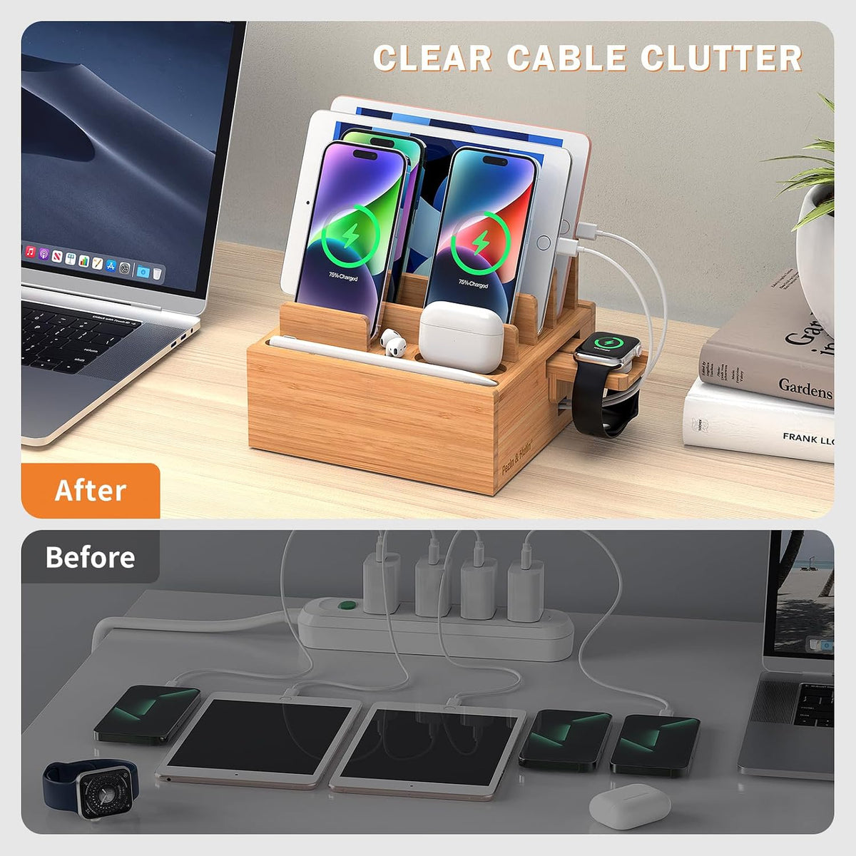 Pezin & Hulin Bamboo Charging Station for Multiple Devices with 5-Port HUB