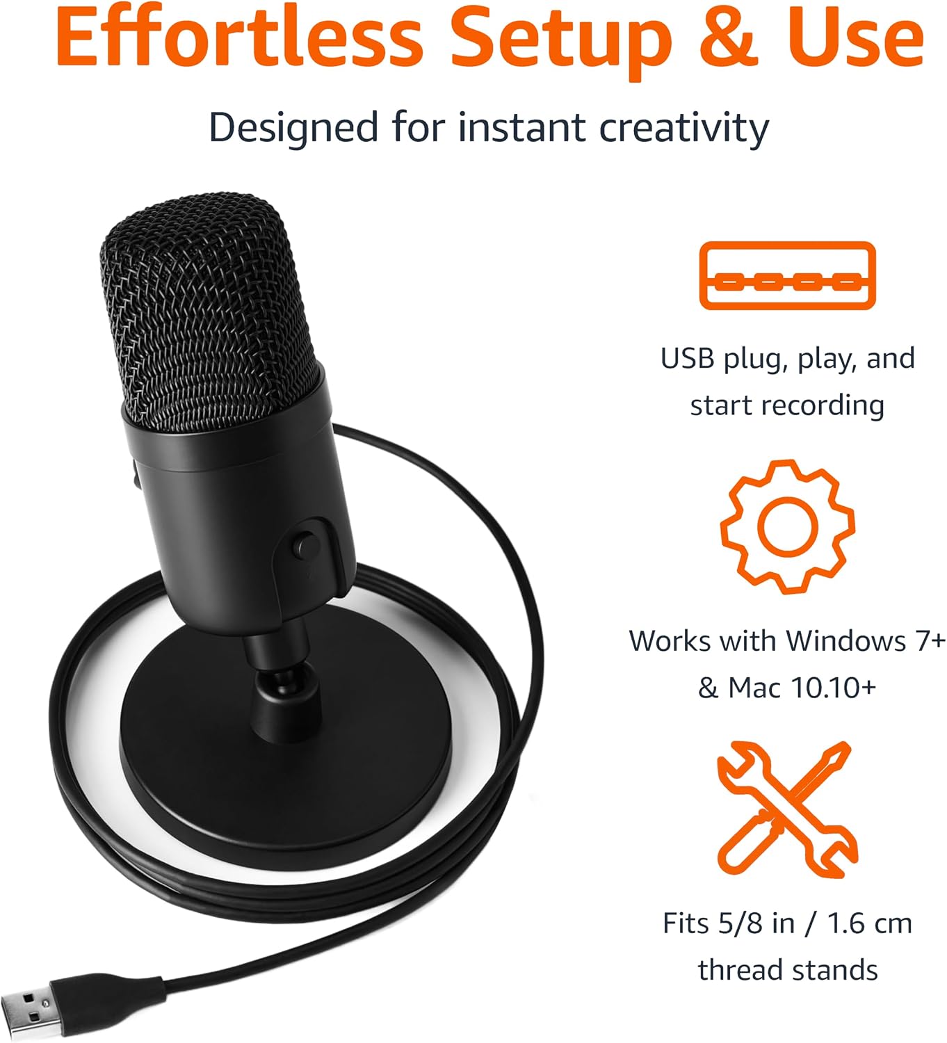 Amazon Basics Condenser Microphone for PC, Cardioid Pickup, USB Mic for Streaming, Recording, and Podcasting, 360° Adjustable Stand, Plug and Play, 5.8" x 3.4", Black