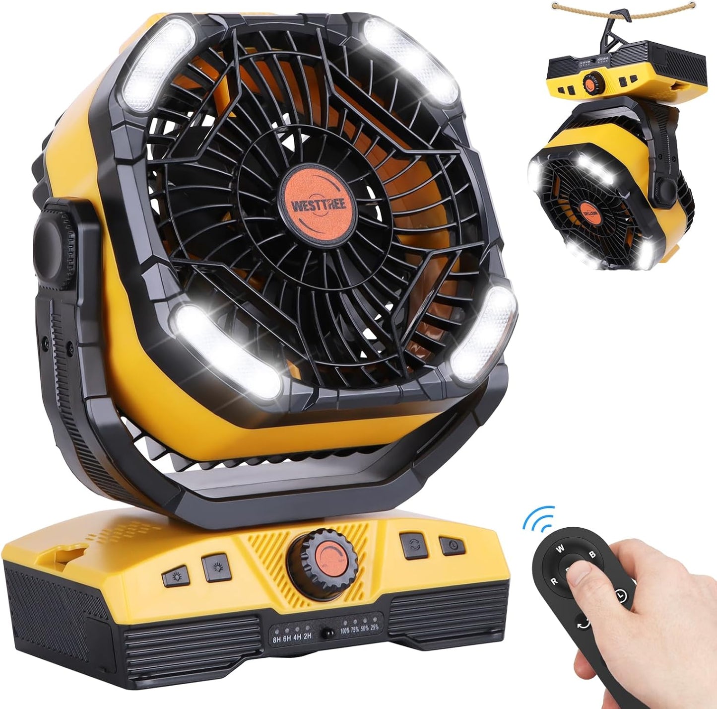 WESTTREE Camping Fan 20000mAh Rechargeable Battery Operated fan Outdoor Tent Fan with Light & Hook 270° Pivot, knob Speeds, Personal fan USB Desk Fan for Camping Power Outage Yellow X68