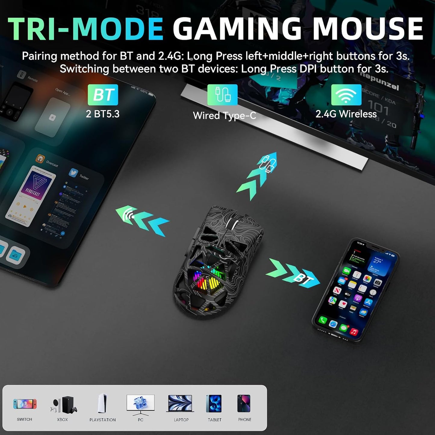 Aula SC620 Wireless Gaming Mouse, Tri-Mode 2.4GHz/USB-C/BT5.3 Computer Mouse with 12000 DPI, Programmable Macro Gamer Mouse with Rapid Fire Key, RGB Light Gaming Mice for PC/Laptop/Mac