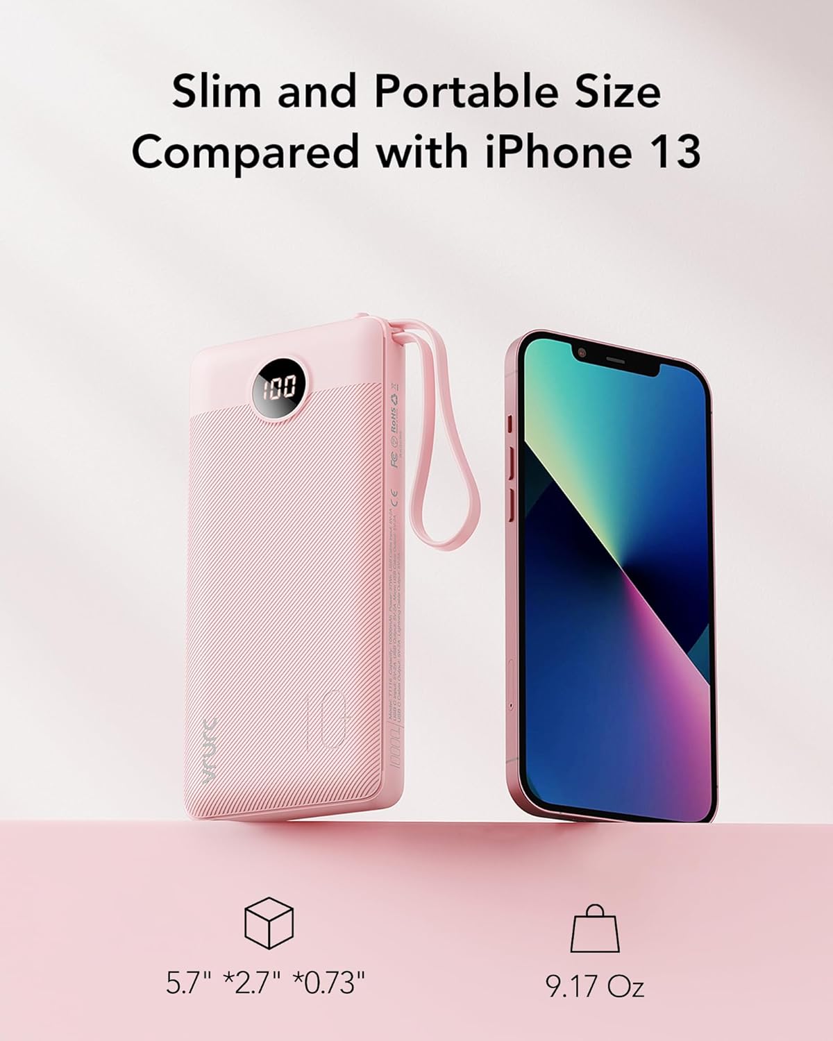 VRURC Portable Charger Power Bank, Built-in 4 Cables &amp; 2 Ports,10000mAh Slim Battery Pack with LED Display, Travel Essential USB C Portable Phone Charger for All Cell Phones Devices-Pink(1 Pack)