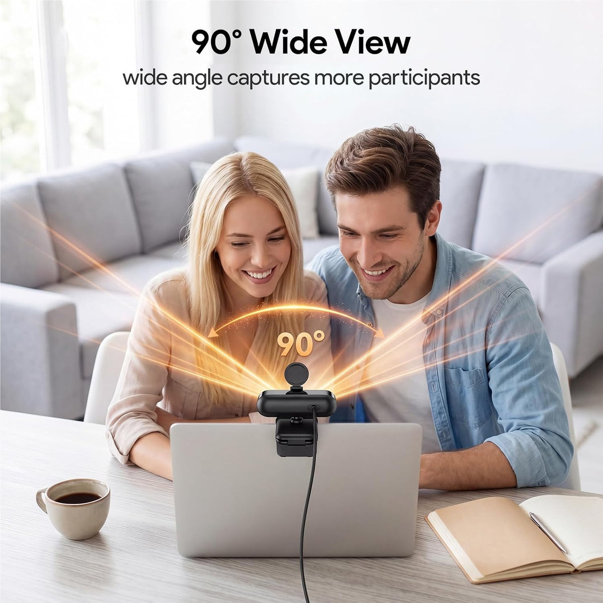 1080P Webcam with Microphone Noise Reduction Auto Exposure | 90°FOV Wide Angle Privacy Cover,USB-A to C Adapter,Plug & Play Streaming Camera for PC/Mac/Switch 2,Zoom/Teams/Skype/Meetings