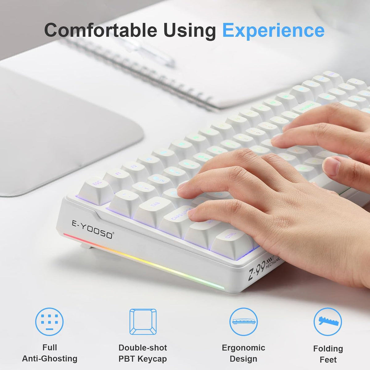 HUO JI E-Yooso Creamy Mechanical Keyboard Wired, RGB Backlit, White | Hot Swappable, Pre-lubed Linear Switches, Gasket Structure, Sound Dampening Foam, 99 Keys Custom Gaming Keyboard for PC/Mac