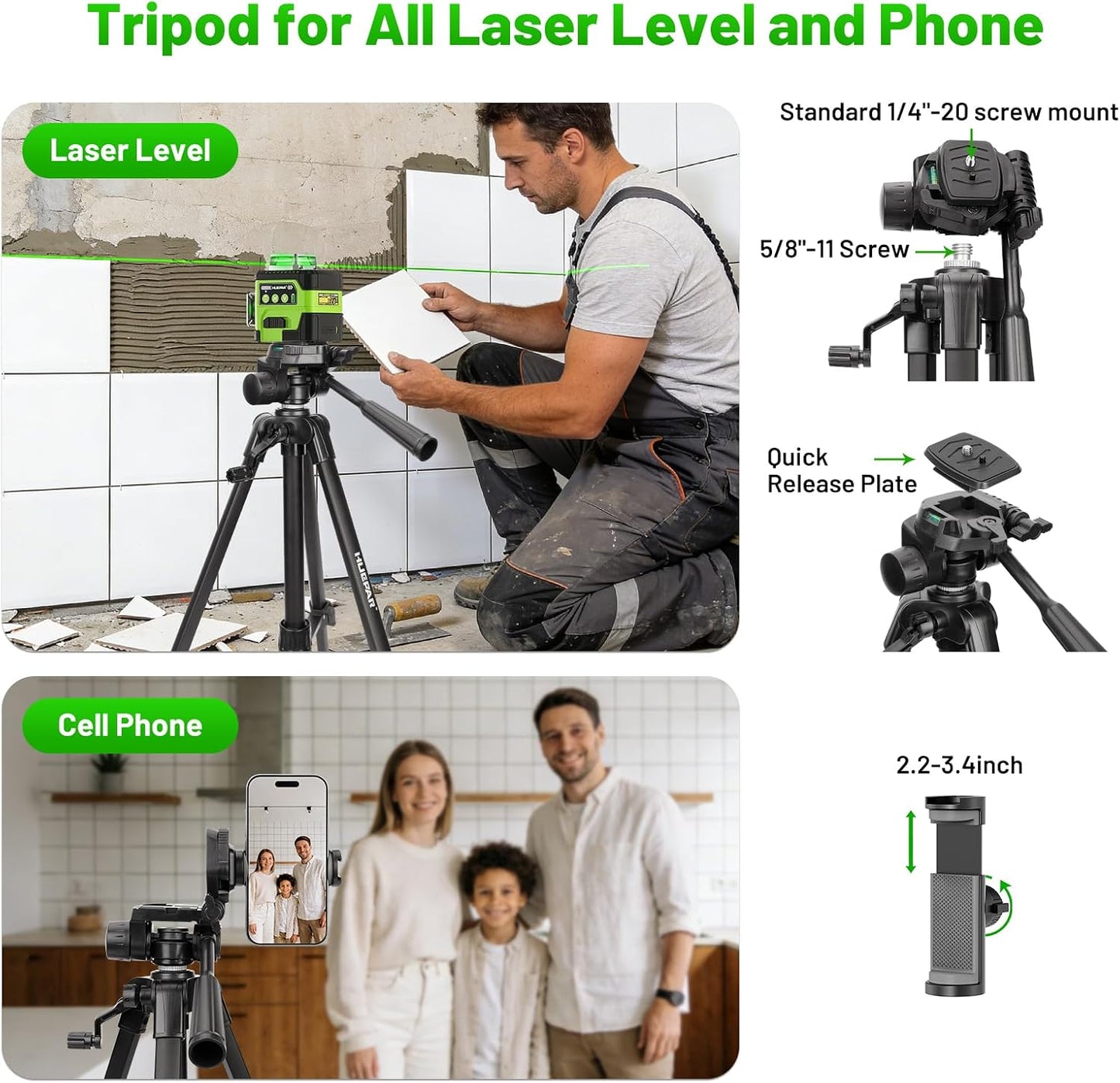Laser Level Tripod, Huepar 47” Tripod for Cross Line Laser Distance Measures, Phone and Camera, Aluminum Professional Tripod Stand with 1/4" Thread Mount, Carry Bag and Phone Holder, ET11
