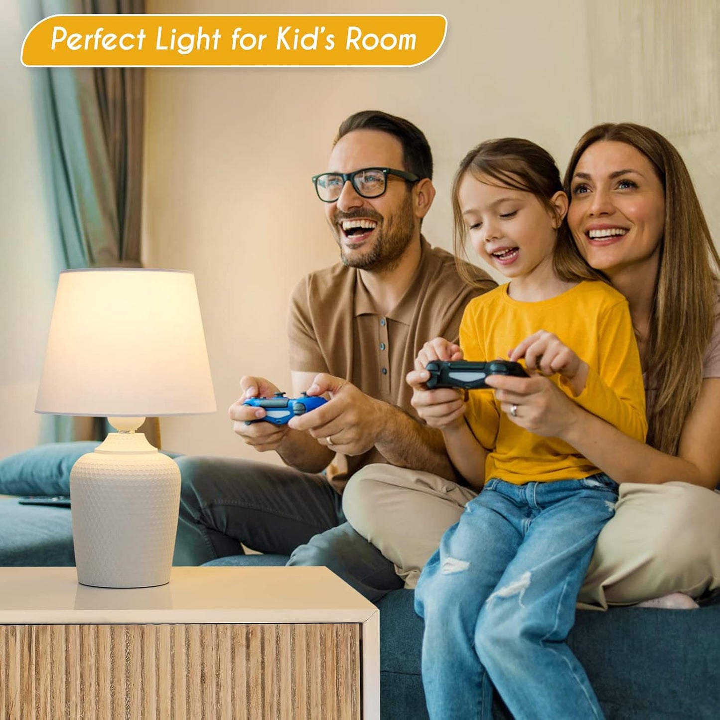 11.8’’ Small Table Lamps Set of 2 for Bedroom Kid’s Room Home Office, White | Cute & Unique, Perfect for Bedside Nightstand Desk Nursery Reading, Fabric Shade