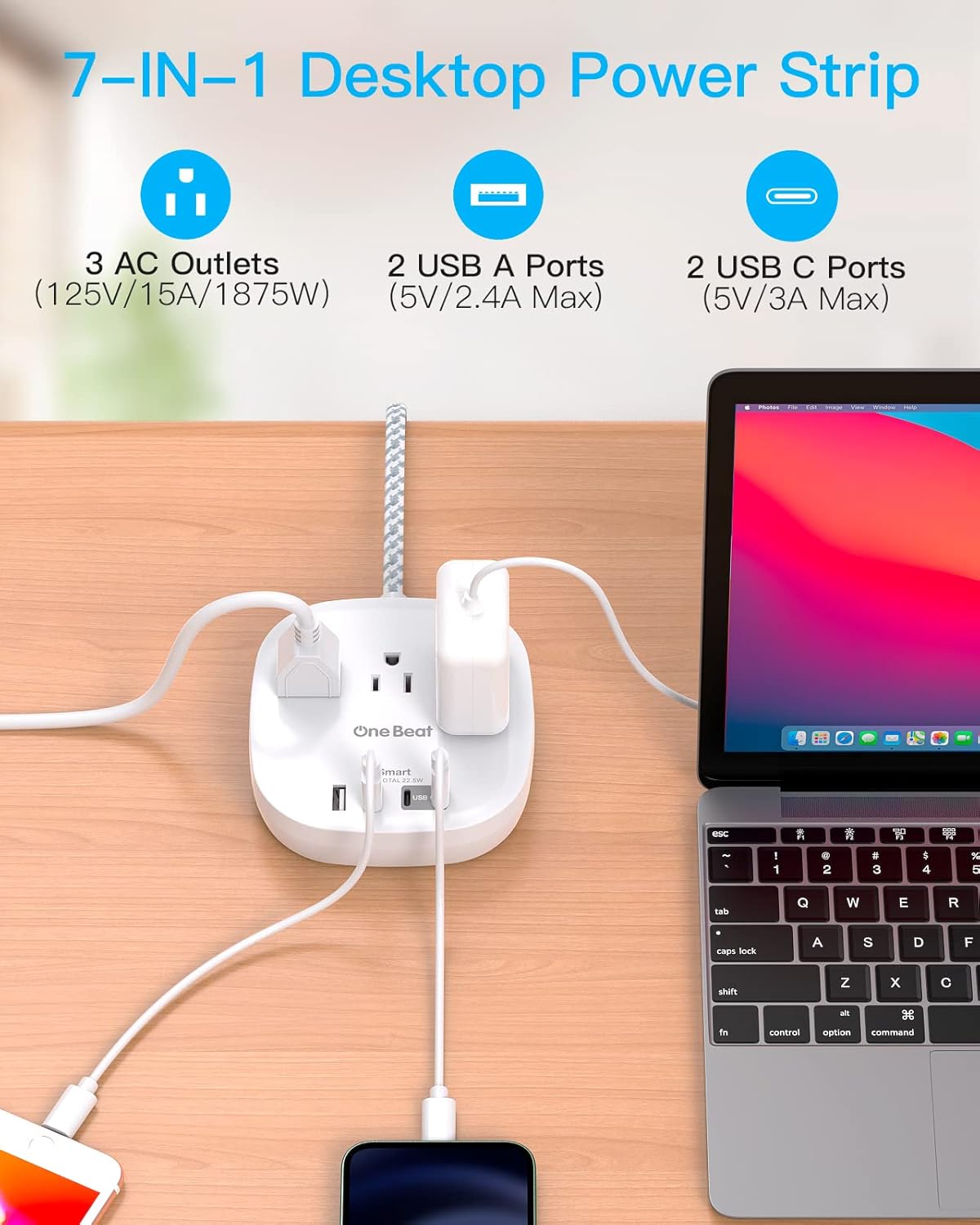 Travel Essentials, 22.5W/4.5A Flat Plug Power Strip, 6 Ft Extension Cord | 3 Outlets 4 USB Ports(2 USB C) Desktop Charging Station, Power Strip No Surge Protection for Cruise Ship, Dorm Room
