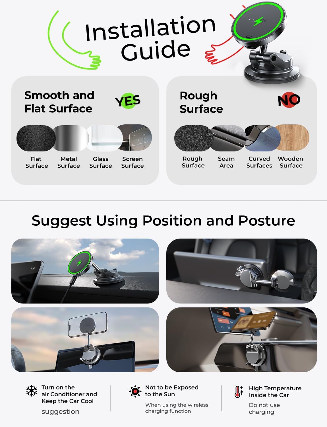 LISEN for Qi2.2 25W MagSafe Car Mount Charger,Magnetic Wireless Car Charger | [With 54W Adapter] Vacuum Suction Car Phone Mount, 360° Magnetic Wireless Phone Holders for Your Car, Only for iPhone 17-12