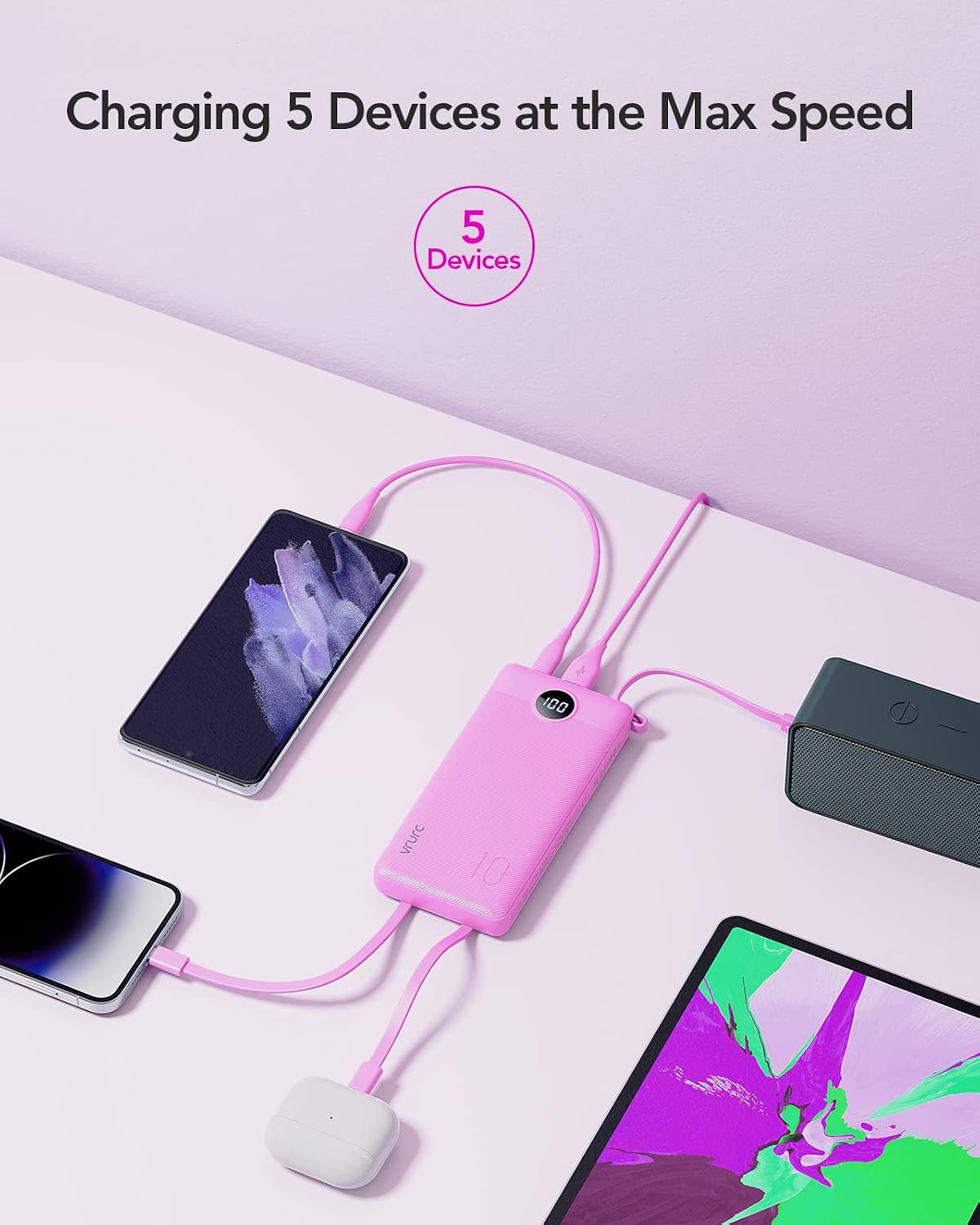 VRURC Portable Charger, Built-in 4 Cables Power Bank 10000mAh, Lightweight USB C Portable Phone Charger, 5 Output 2 Input Compatible with Smart Phones,Samsung,Android etc-Purple(1 Pack)