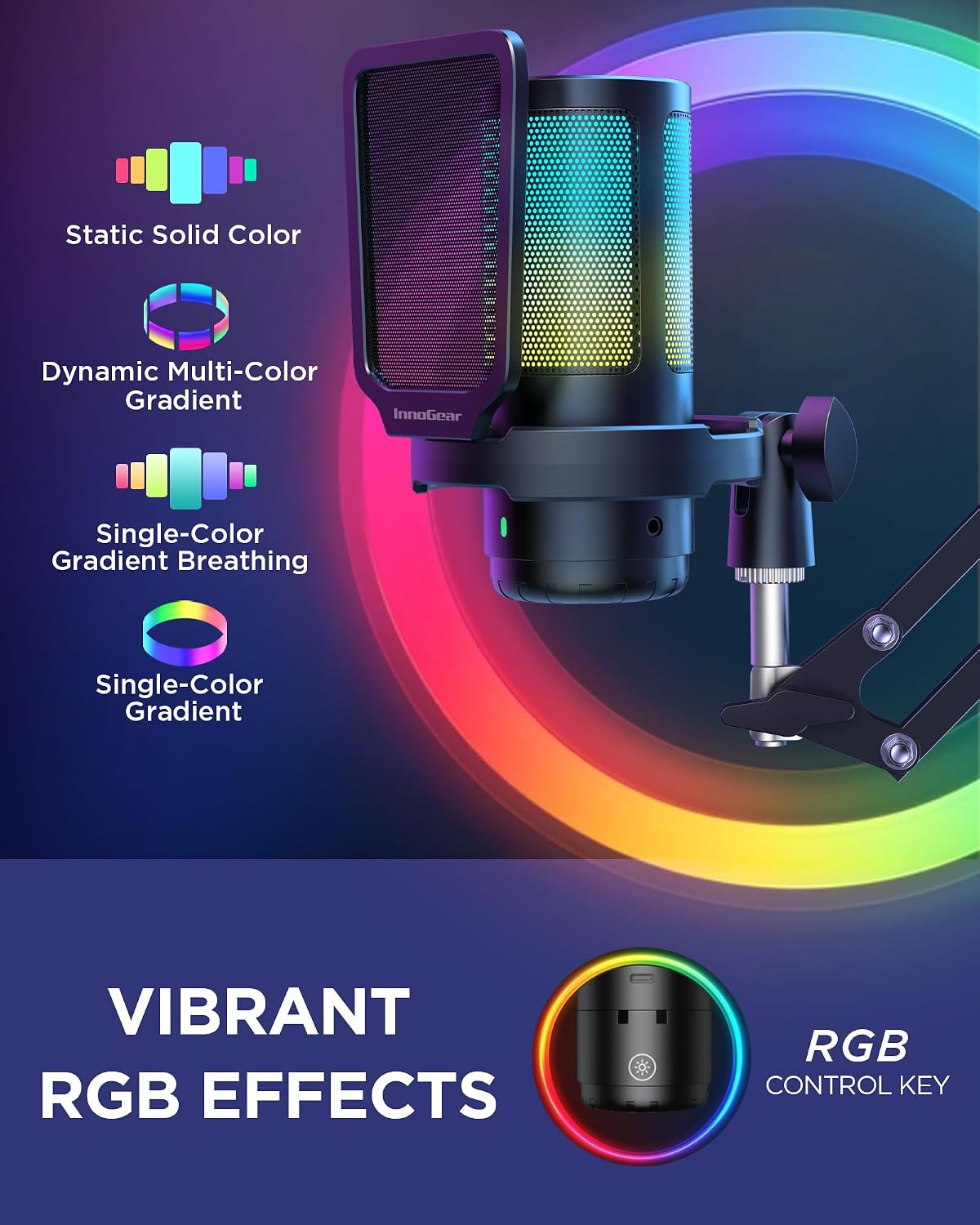 InnoGear Gaming USB Microphone, Noise Cancellation Condenser Mic with Mute, Gain, RGB Indicator, Boom Arm Stand for Streaming, Podcast, Twitch, YouTube, Discord, PC, Computer, PS4, PS5, Mac, Black