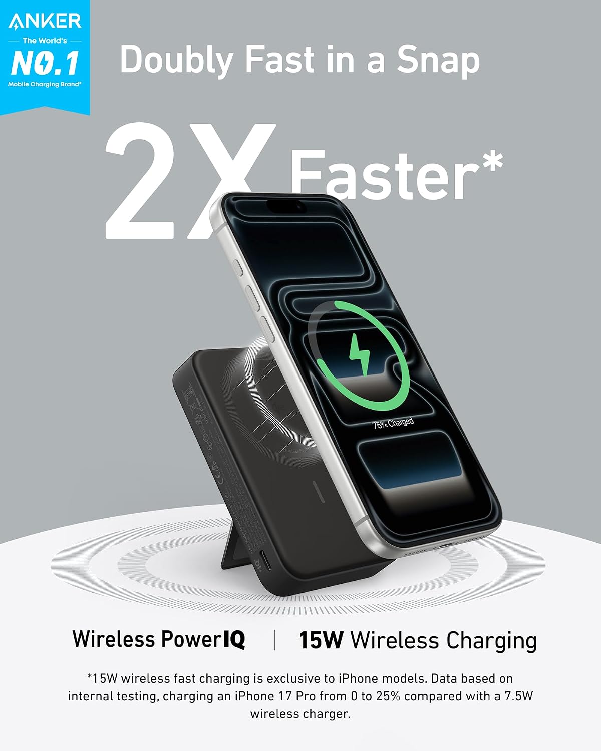 Anker MagGo Power Bank, 10,000mAh Qi2-Certified 15W Max Portable Charger | Fast MagSafe-Compatible Battery Pack, Smart Display, Foldable Stand, for iPhone 16 / 15 / 14 / 13 Only (USB-C Cable Included)