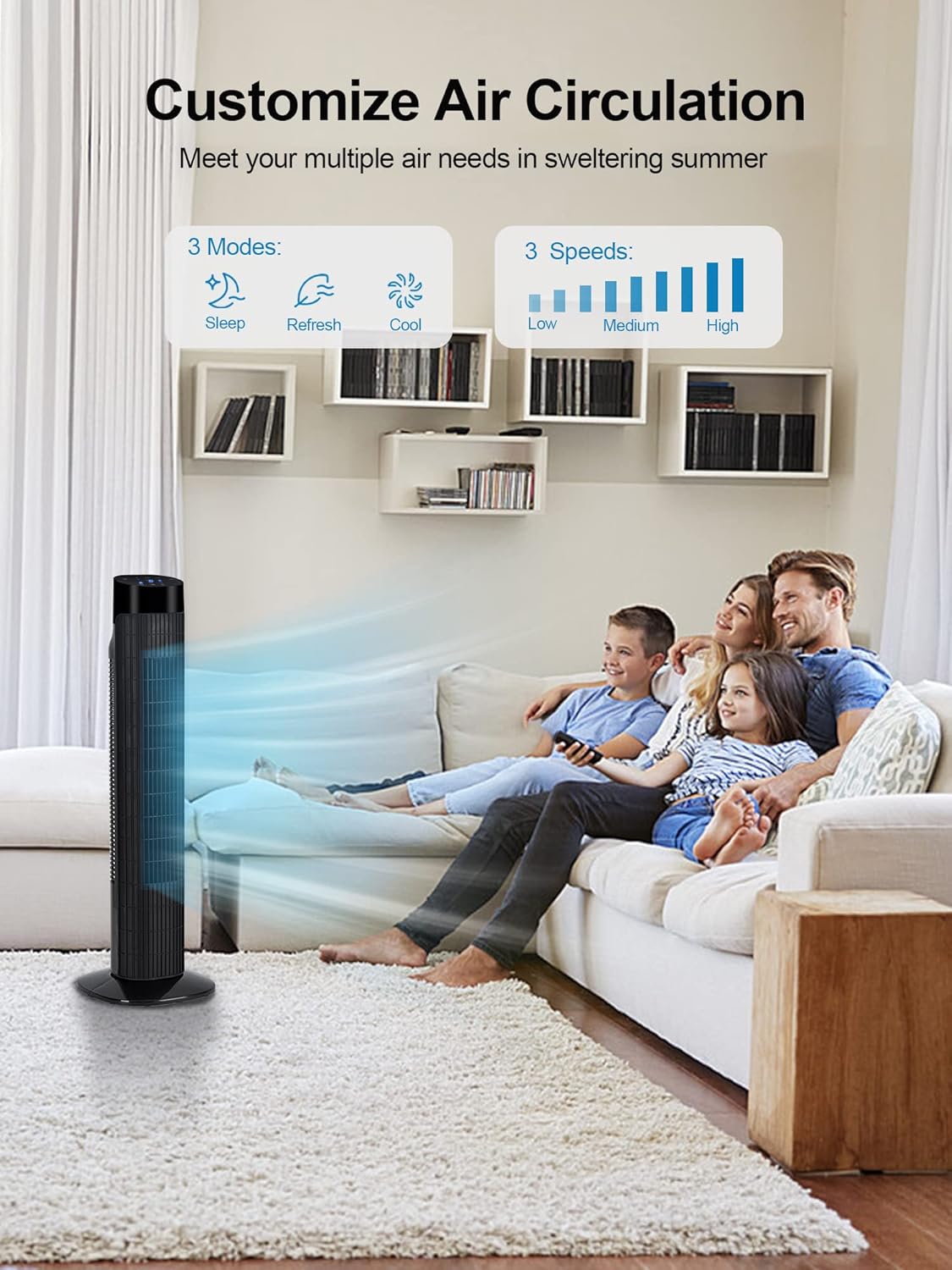 Uthfy 31 Inch Tower Fan for Bedroom, 120° Oscillating Quiet Standing Bladeless Fan With Remote, 7.5H Timer, 3 Speeds, 3 Modes, for Room, Dorm, Office, Matte Black