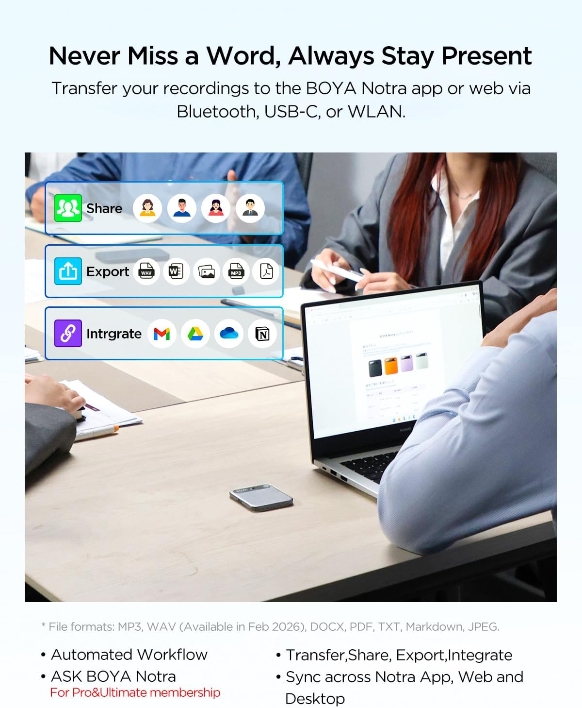 BOYA Notra AI Voice Recorder,3-Mode Capture -Ambient/Phone Call/Bluetooth, AI Transcription&Smart Summary, Support 140+ Languages, 64GB Storage, Magnetic Note Taker for Meetings,Lectures,Interviews