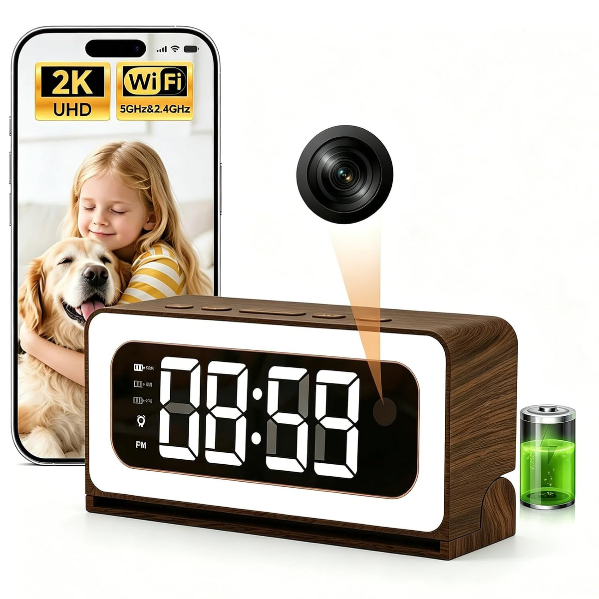 Clock Camera, 2K Indoor Camera, 2.4G & 5GHz WiFi, Indoor Security Camera for Baby Pet Monitor, Color Night Vision, AI Motion Alerts, Night Light, Remote View via Eseecloud App