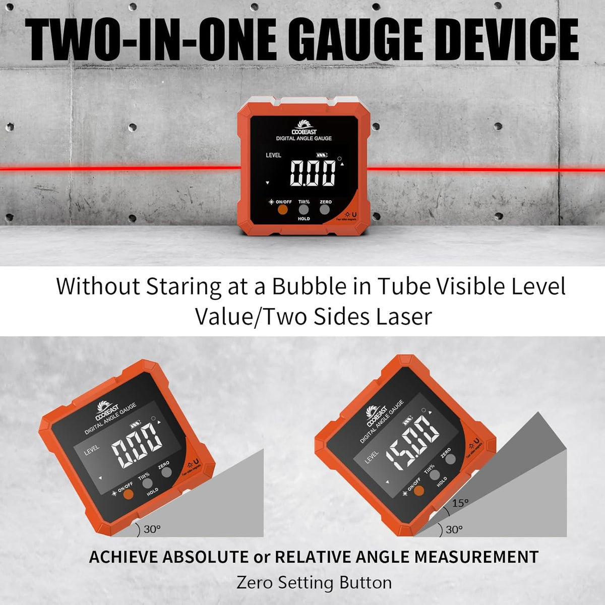 Coobeast Digital Angle Finder with Dual Laser 4-side Magnetic Angle Gauge | Magnetic Laser Level Measuring Tool with Electronic Laser Inclinometer Backlight for Woodworking Table saw Miter Orange