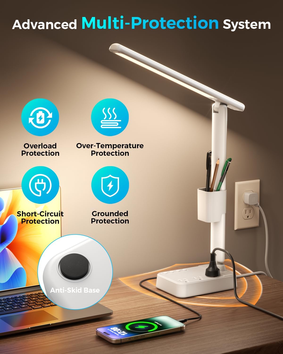 LED Desk Lamp with Power Strip, 3 AC Outlets, 4 USB Ports, Stepless Dimming