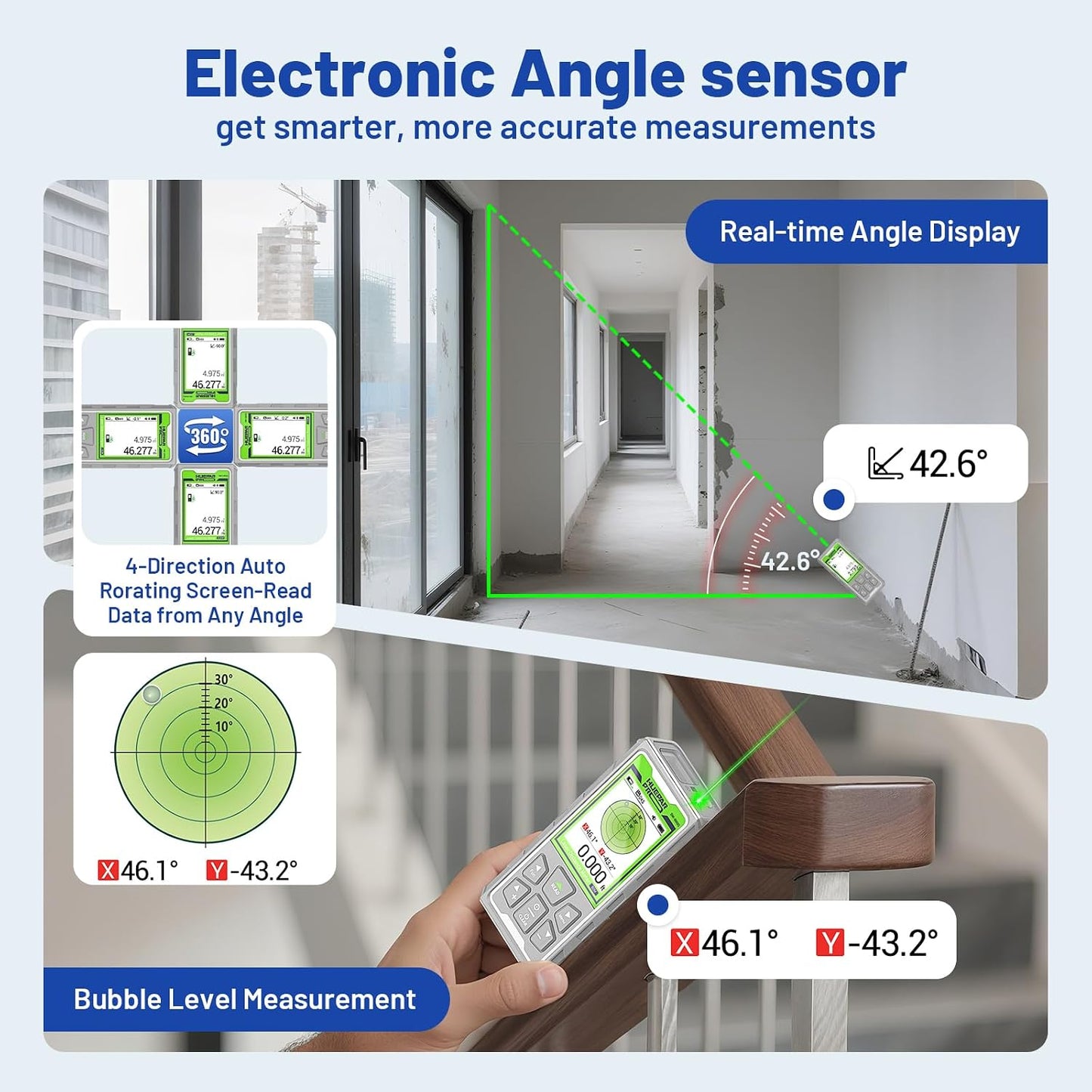 Huepar Pro Laser Measuring Tool, 260Ft Outdoor Laser Measure with Camera&Bluetooth Connected, Green Laser Distance Meter with P2P Technology, Free APP, IP68, Micro USB Cable, Hand Strap&Pouch-SW-80GQ