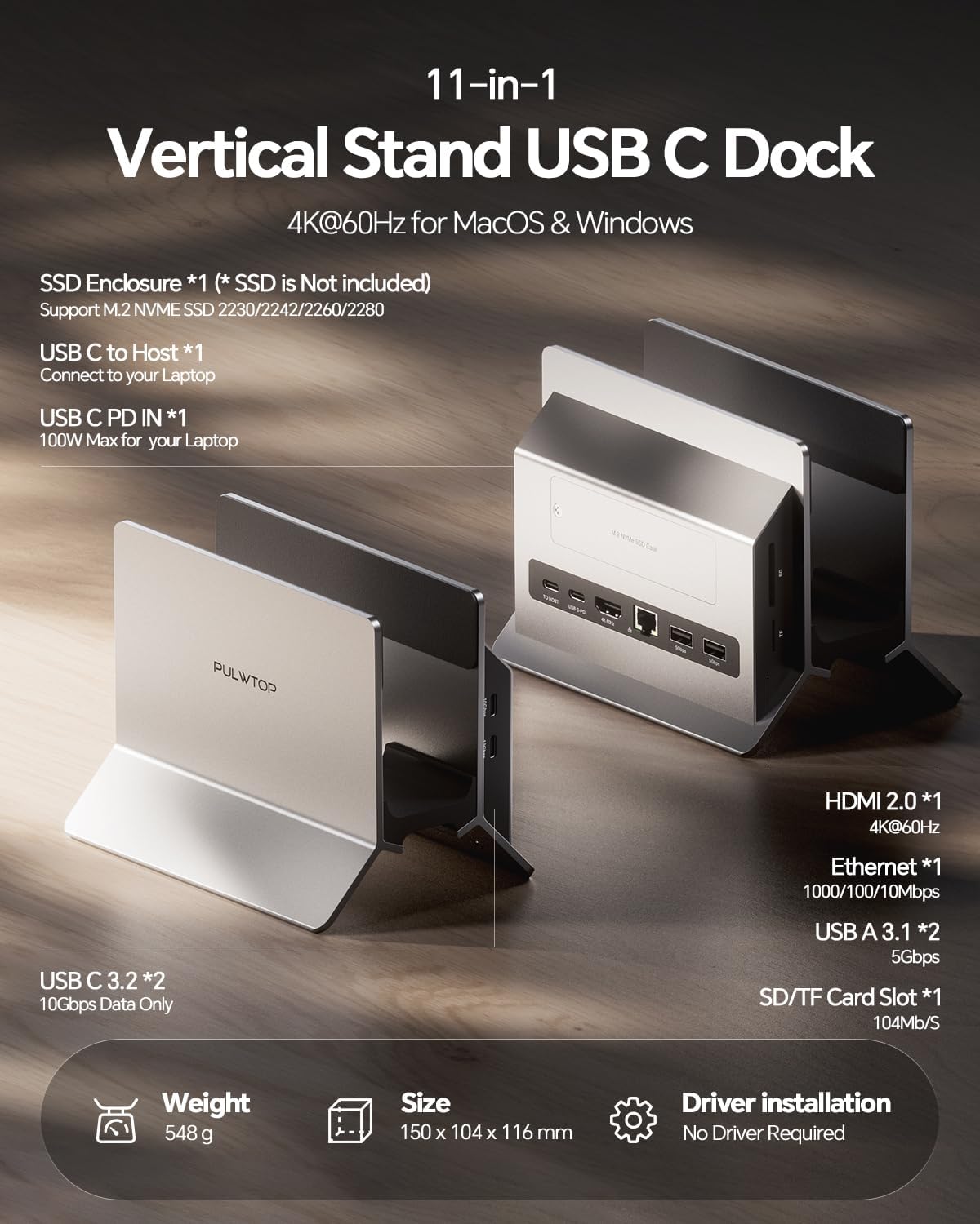 11-in-1 Vertical USB-C Docking Station with M.2 NVME SSD Enclosure