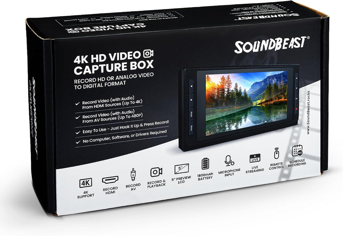 4K HD Video Capture Box - Capture or Live Stream Video (with Audio) from HDMI [Content-Protected Sources Not Supported], AV, VHS, VCR, DVD, Camcorders, Hi8, MiniDV - 5" LCD & Speaker