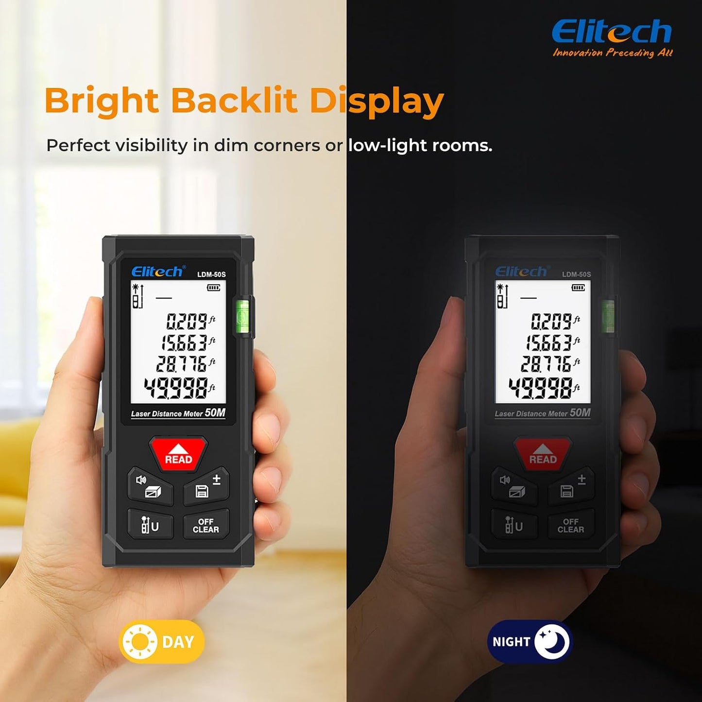 Elitech Laser Tape Measure, 165ft Laser Distance Meter with Bubble Level | 6 Measurement Modes, 99 Measurement Memory, Backlit LCD, M/in/ft Unit Switching, Simple Button Control