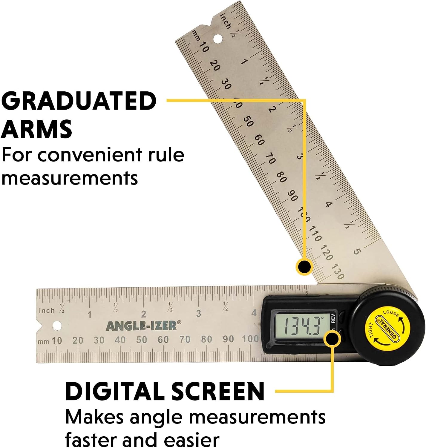 General Tools Digital Angle Finder Ruler #822 - 5" Stainless Steel Woodworking Protractor Tool with Large LCD Display