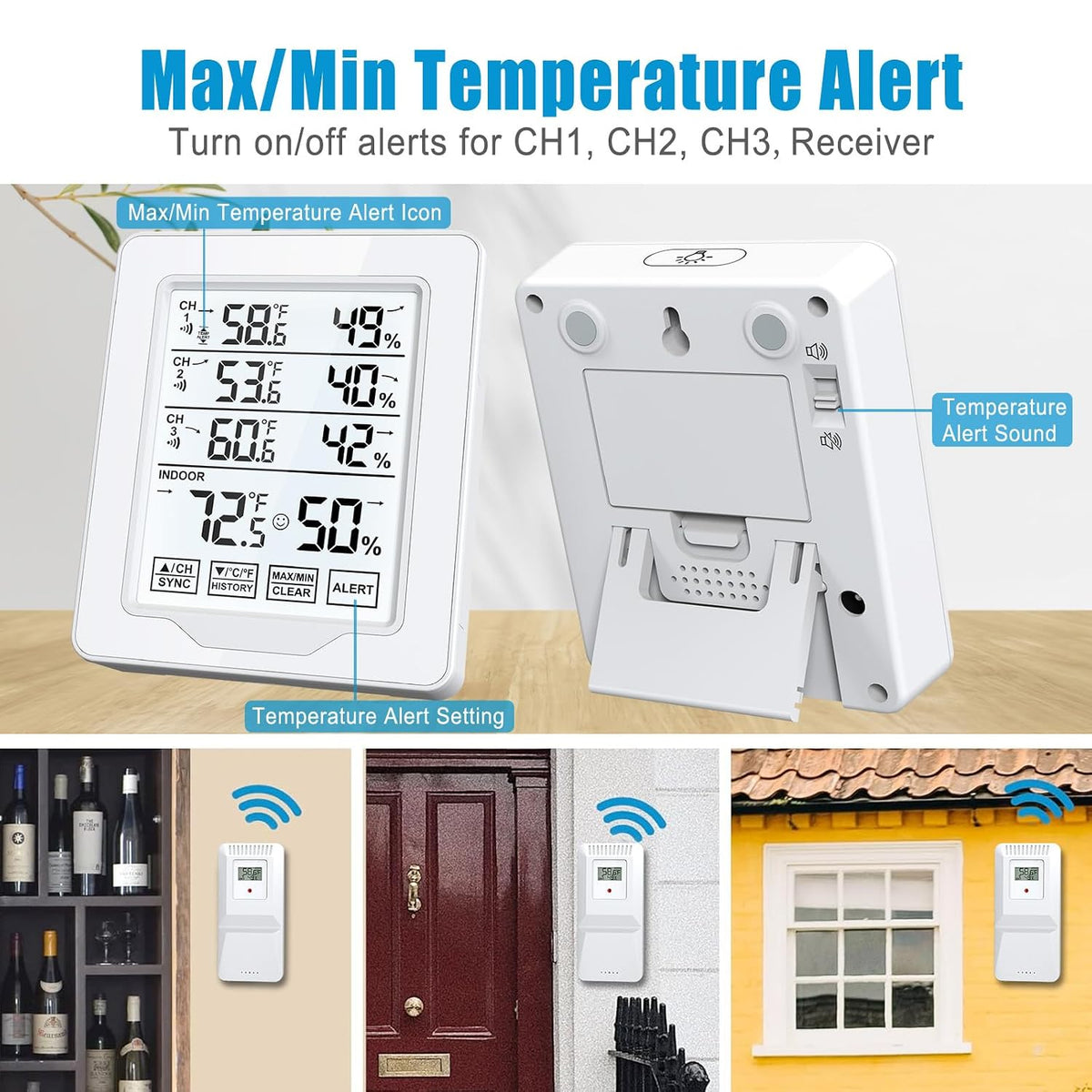 Indoor Outdoor Thermometer Wireless with 3 Remote Sensors, Digital Temperature Humidity Monitor Gauge with 500FT/150M Range, Temp Alert and Backlight